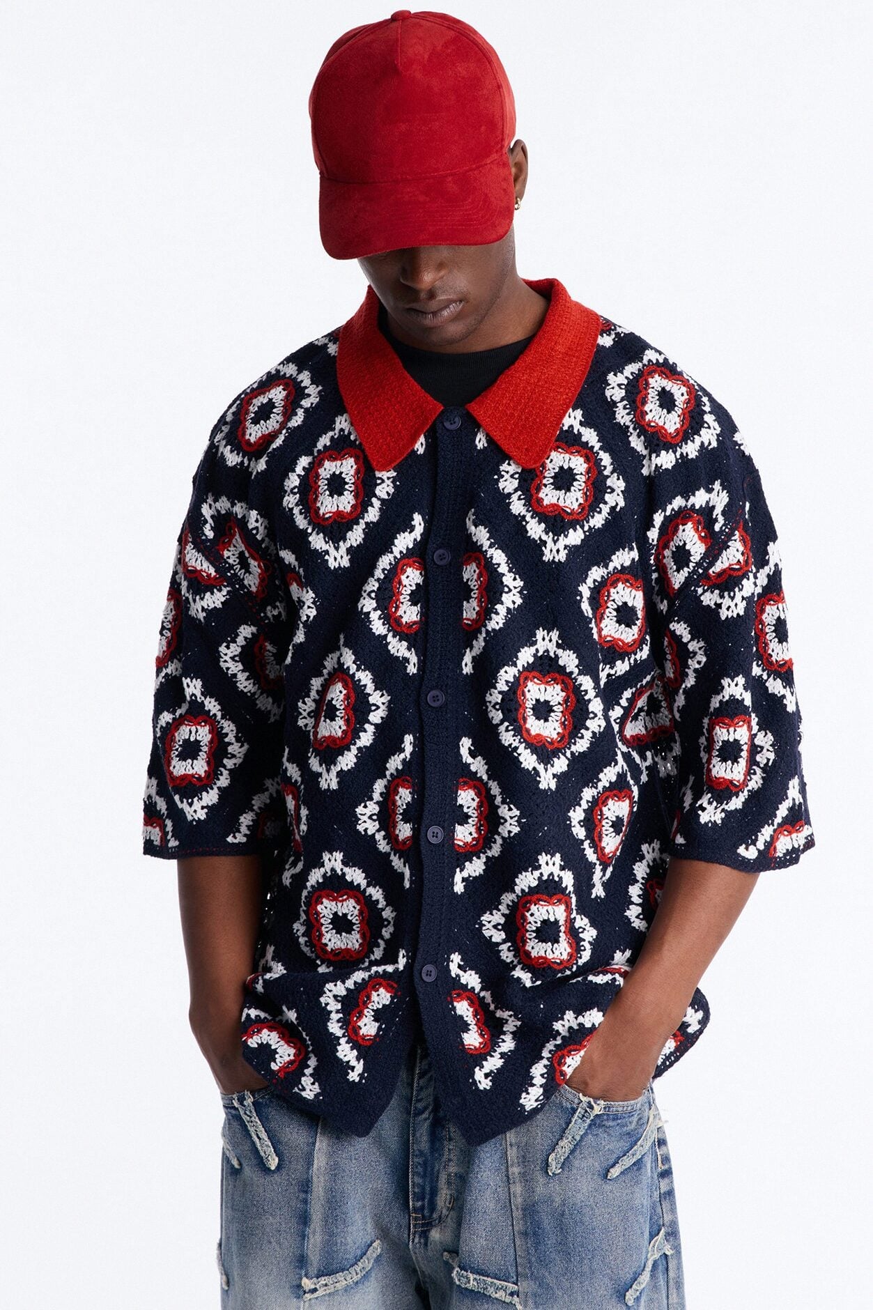 Kaleido Bloom Crochet Button Up Shirt - Navy image 1