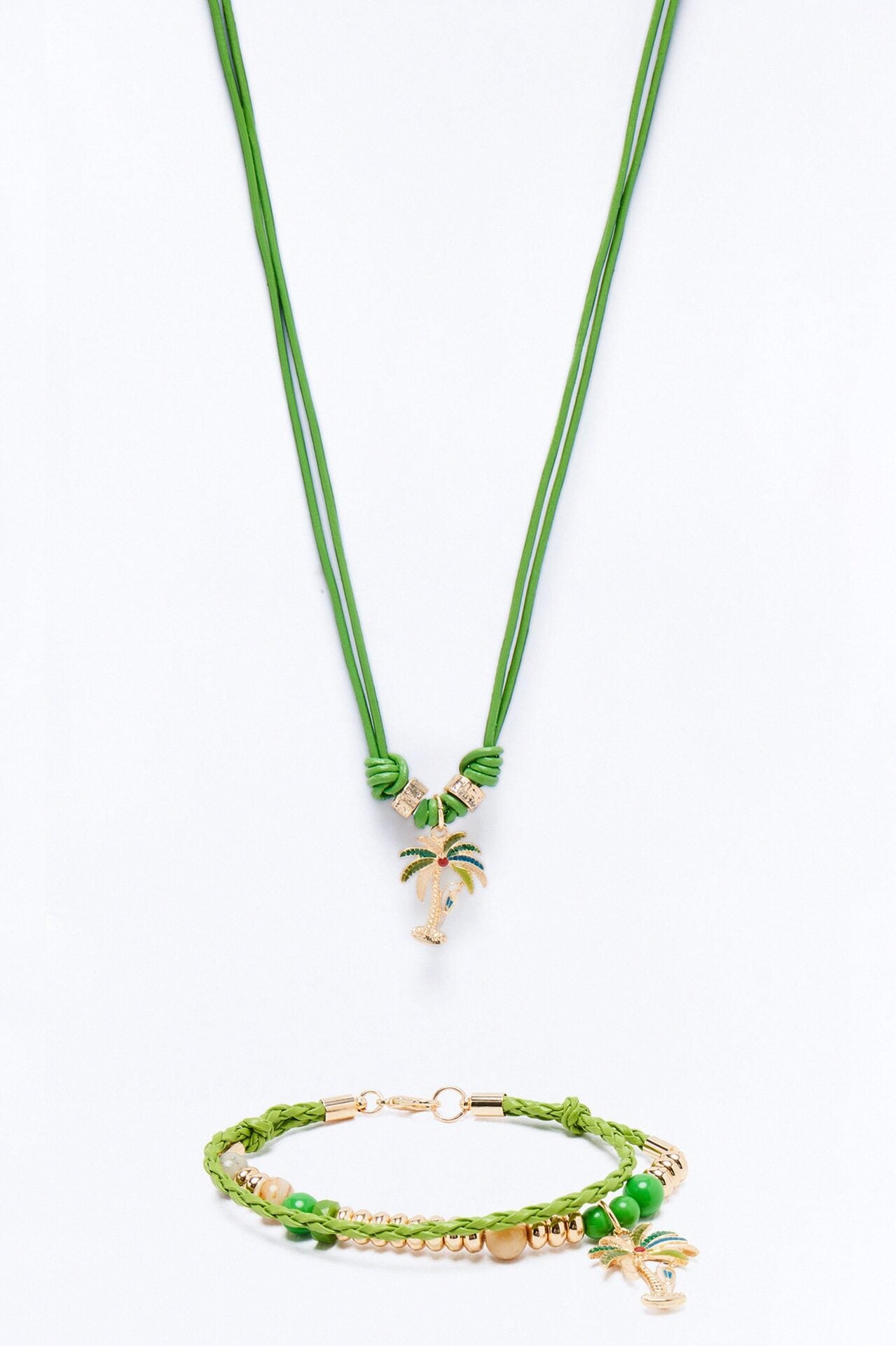 Paradise Faux Leather Cording Necklace And Bracelet Set - Gold/Green image 1