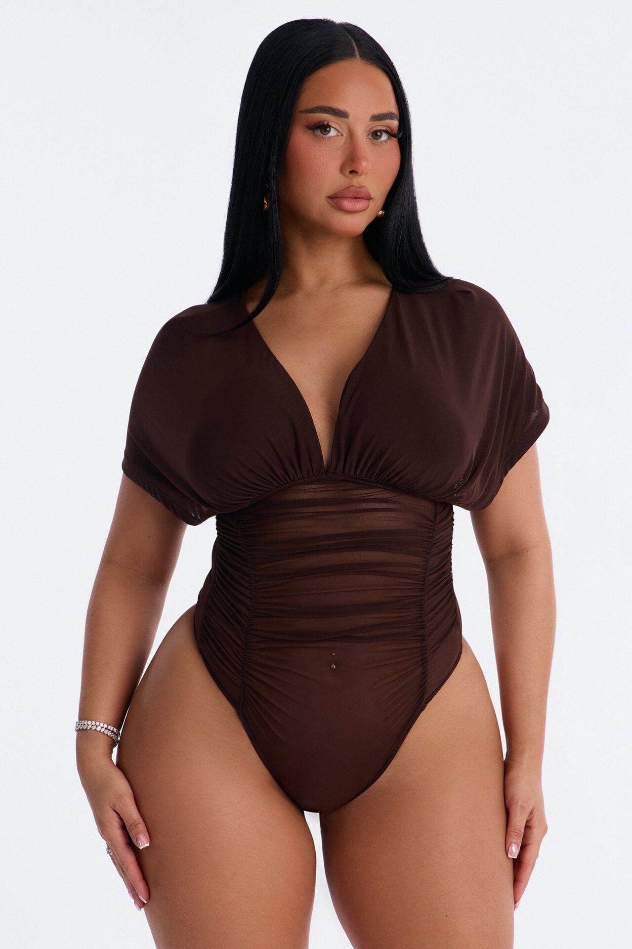 Leilani Sheer Mesh Ruched Short Sleeve Bodysuit - Brown image 1