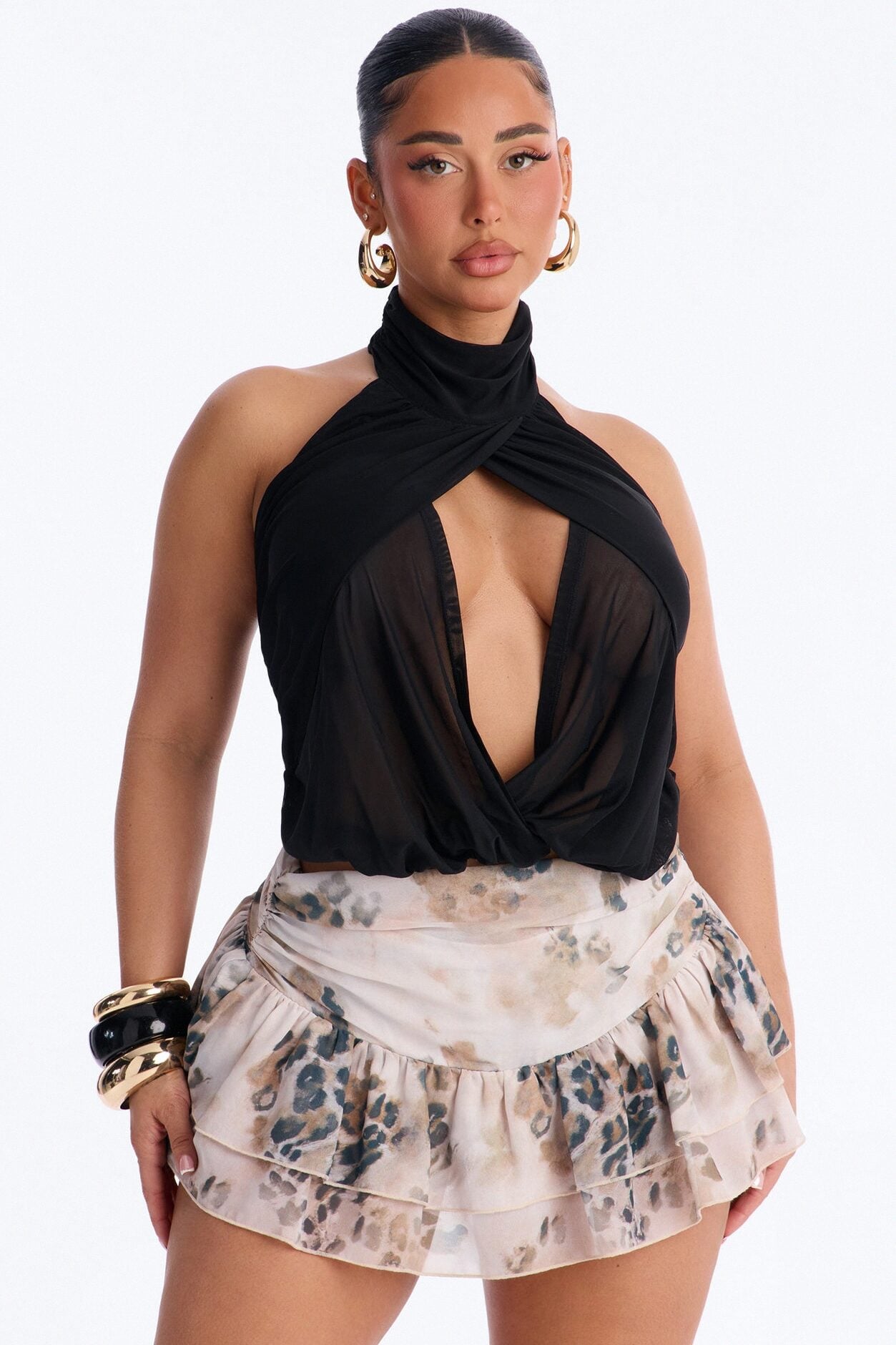 Divine Ease Sheer Mesh Ruched Halter Top - Black image 1