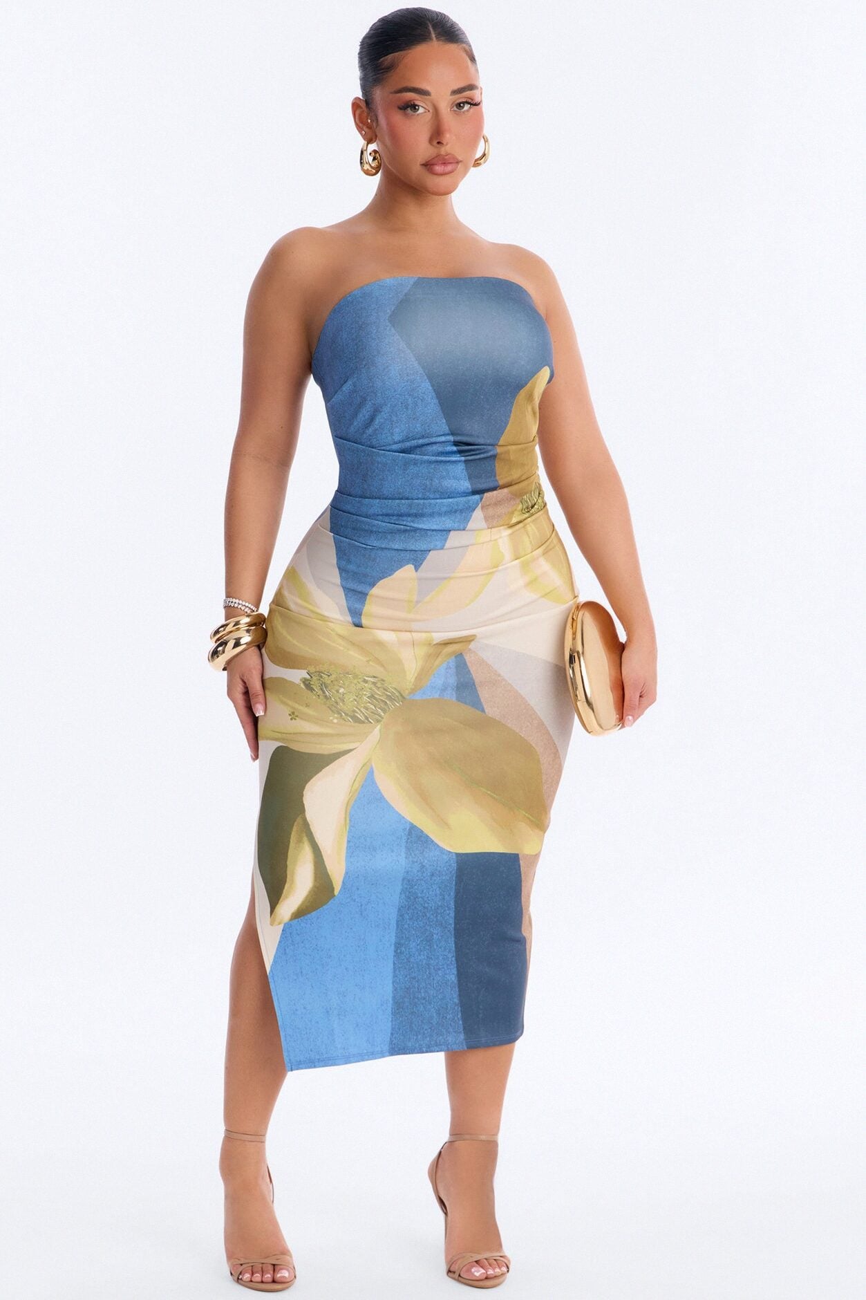 Angela Strapless Floral Midi Dress - Blue/combo image 1
