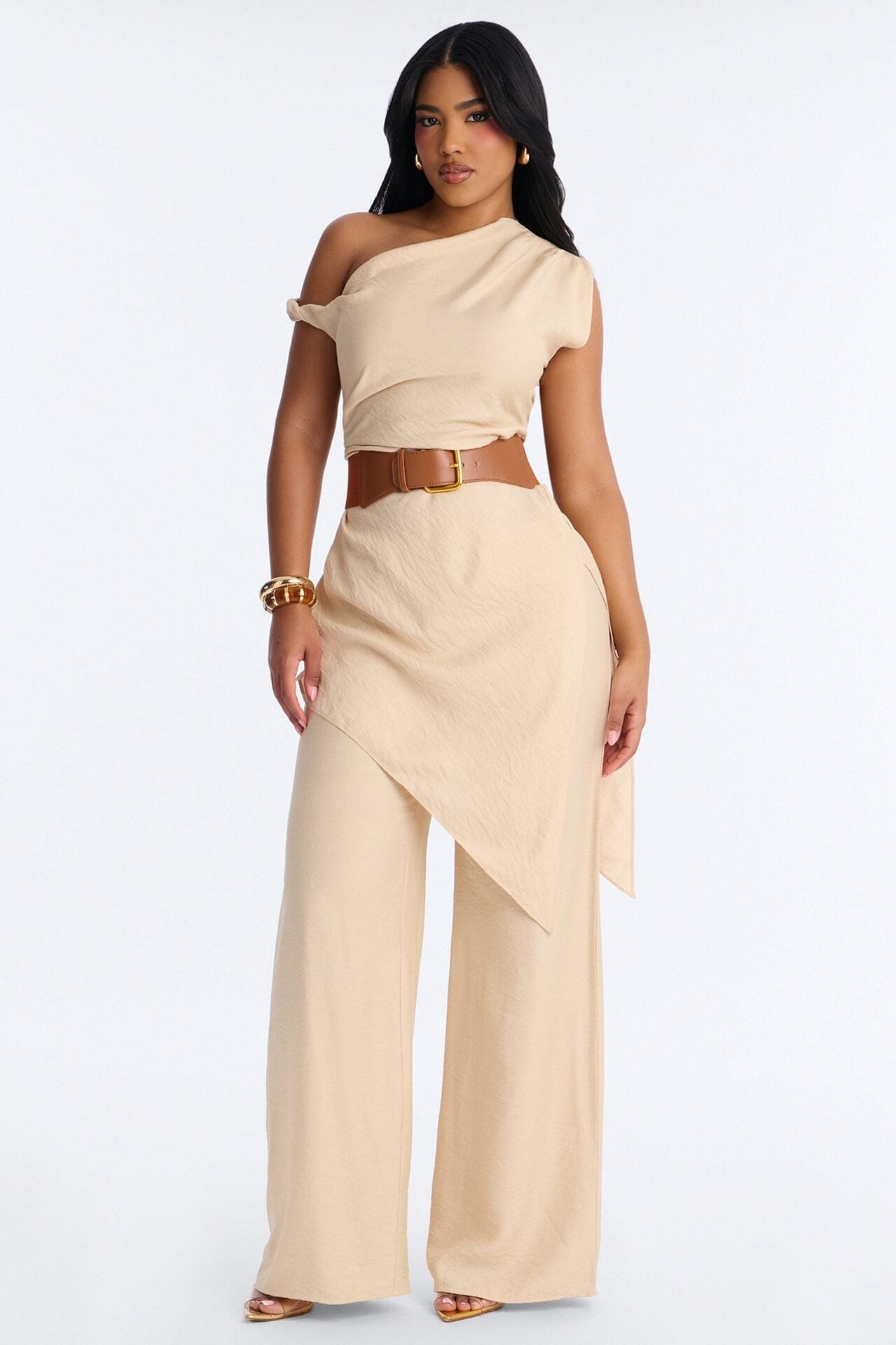 Willow Belted Asymmetrical Pant Set - Beige image 1