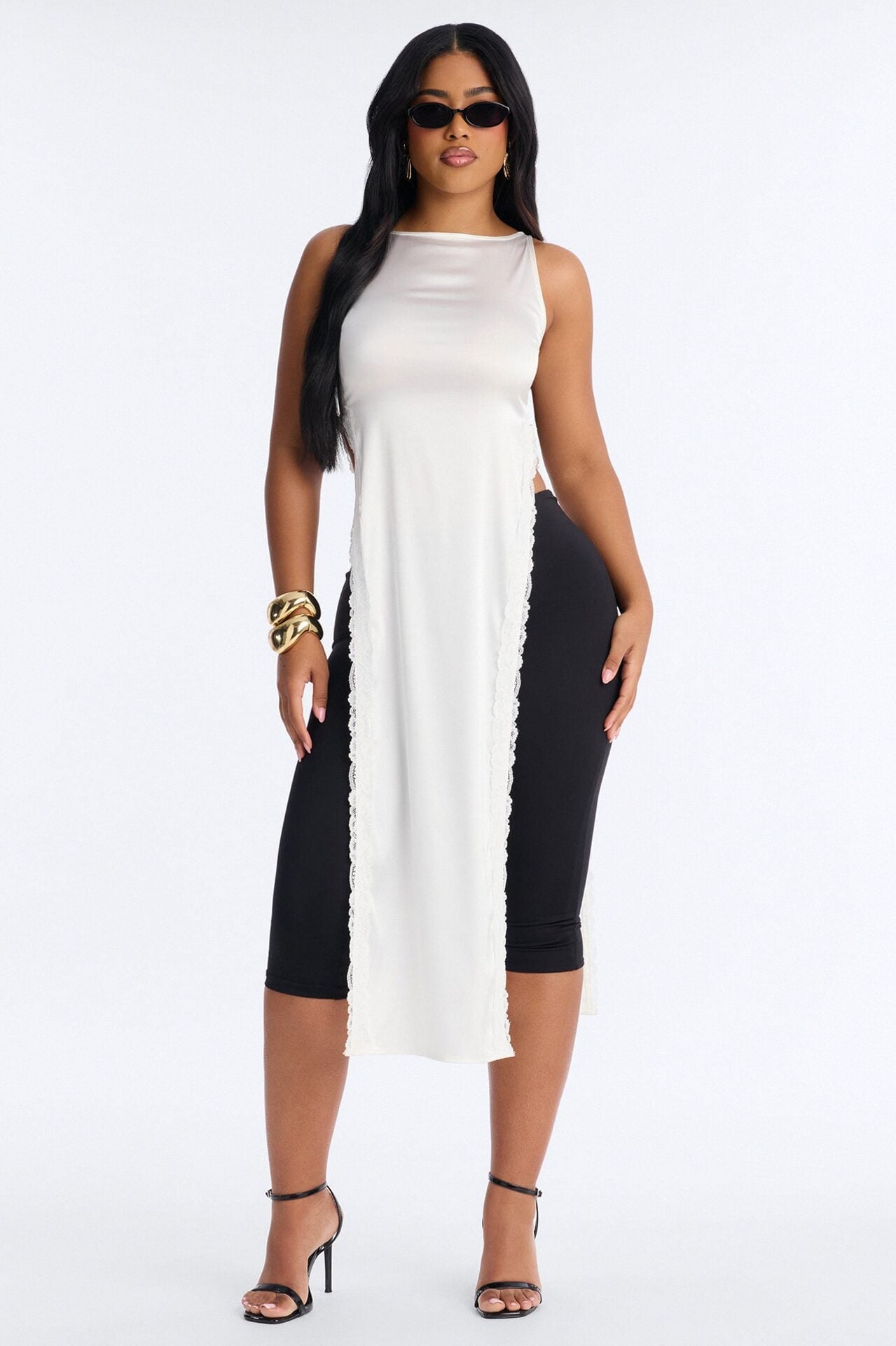 Satin Mood Lace Trim High Slit Top - Ivory image 1