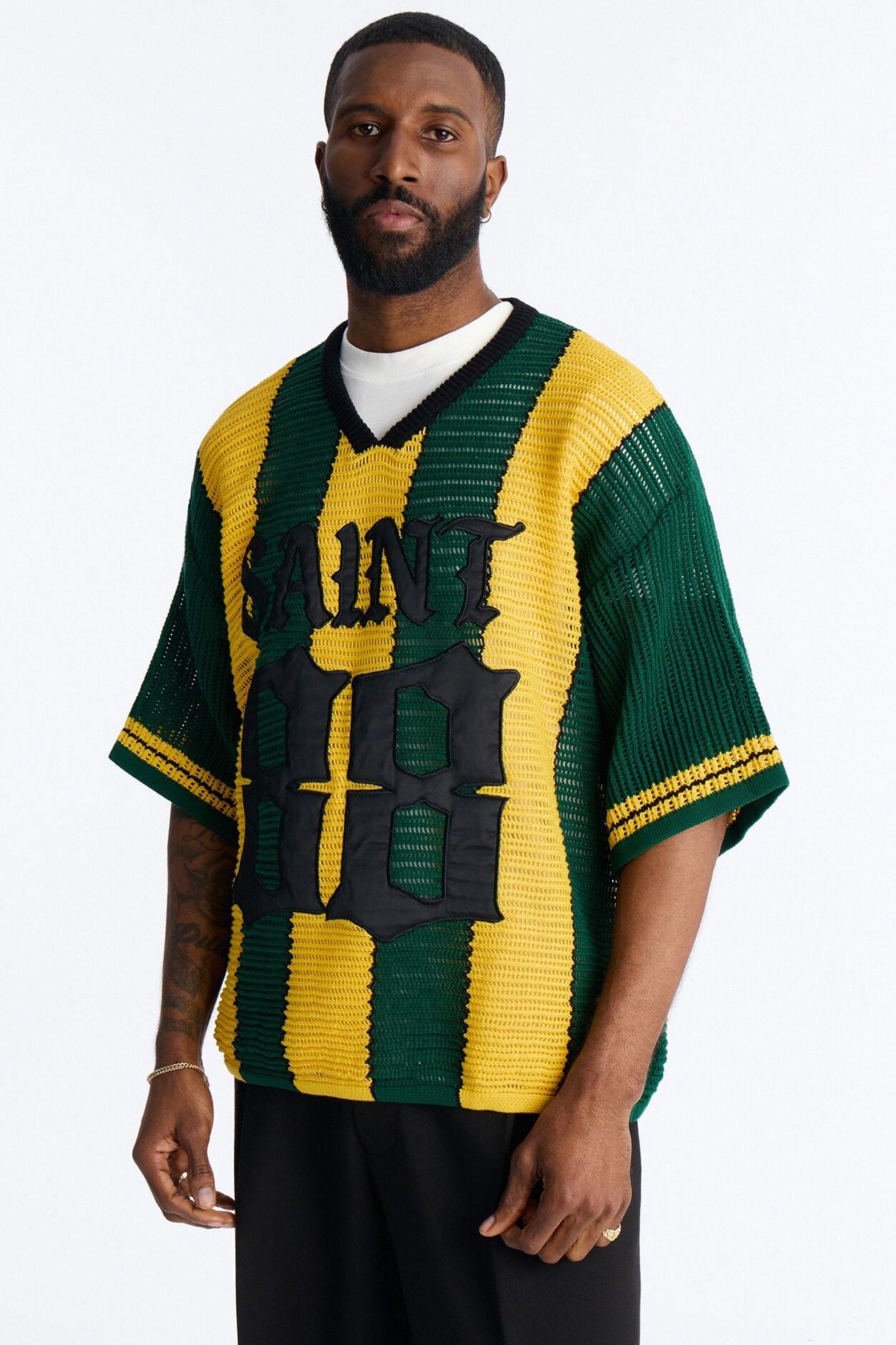 Saint 88 Cross Stripe Short Sleeve Knit Jersey - Yellow image 1