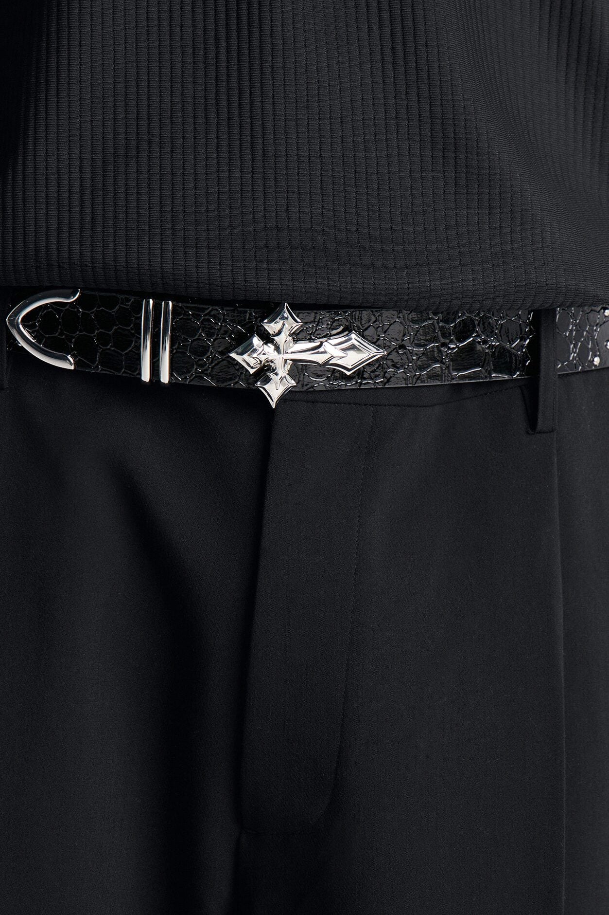 Cross Buckle Embossed Faux Leather Belt - Black image 1
