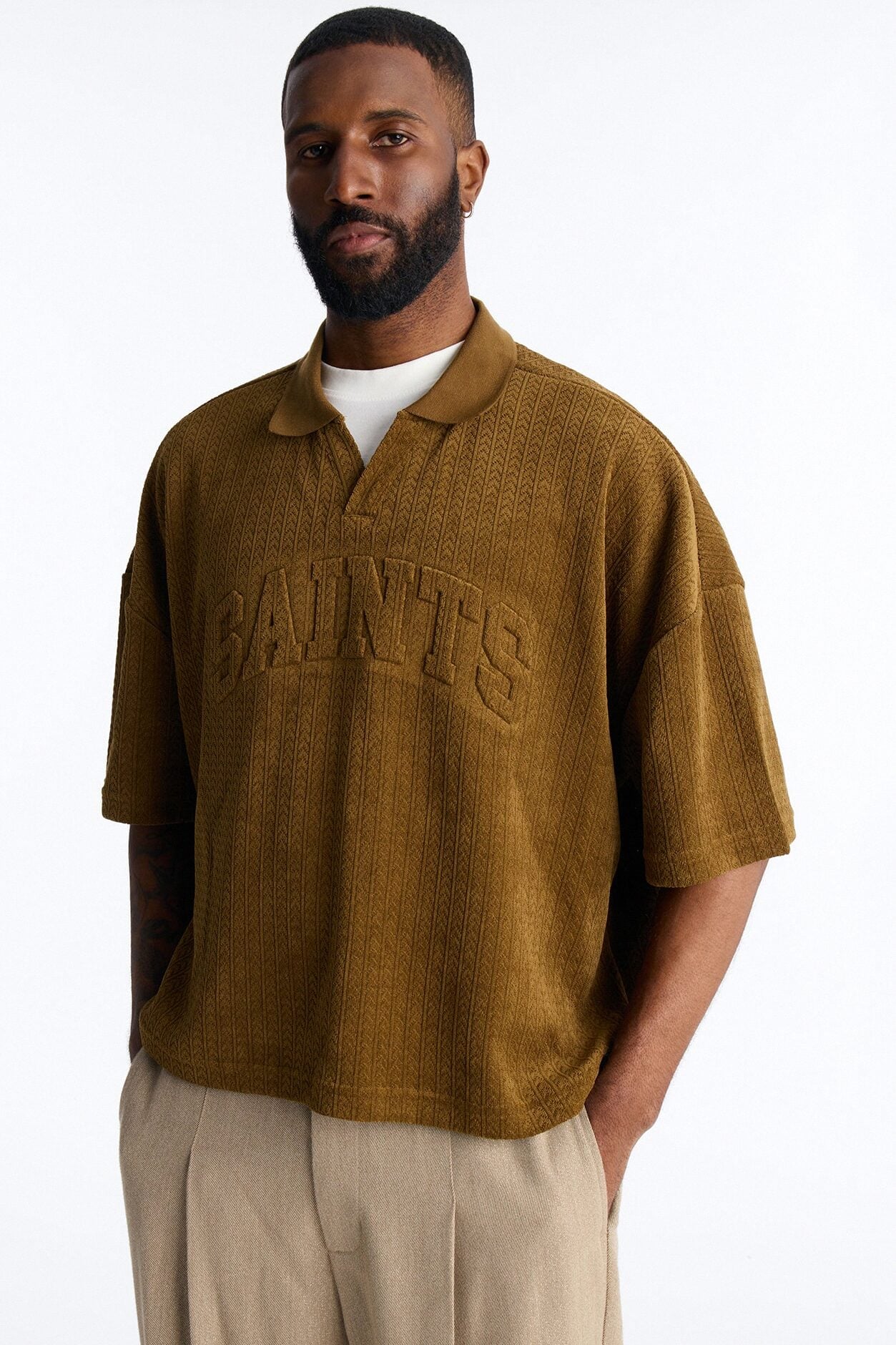 Boxy Cropped Lexington Saints Johnny Collar Polo - Brown image 1