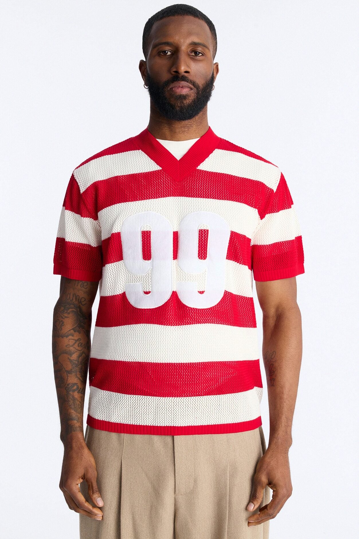 Short Sleeve Striped Crotchet Jersey - Red image 1