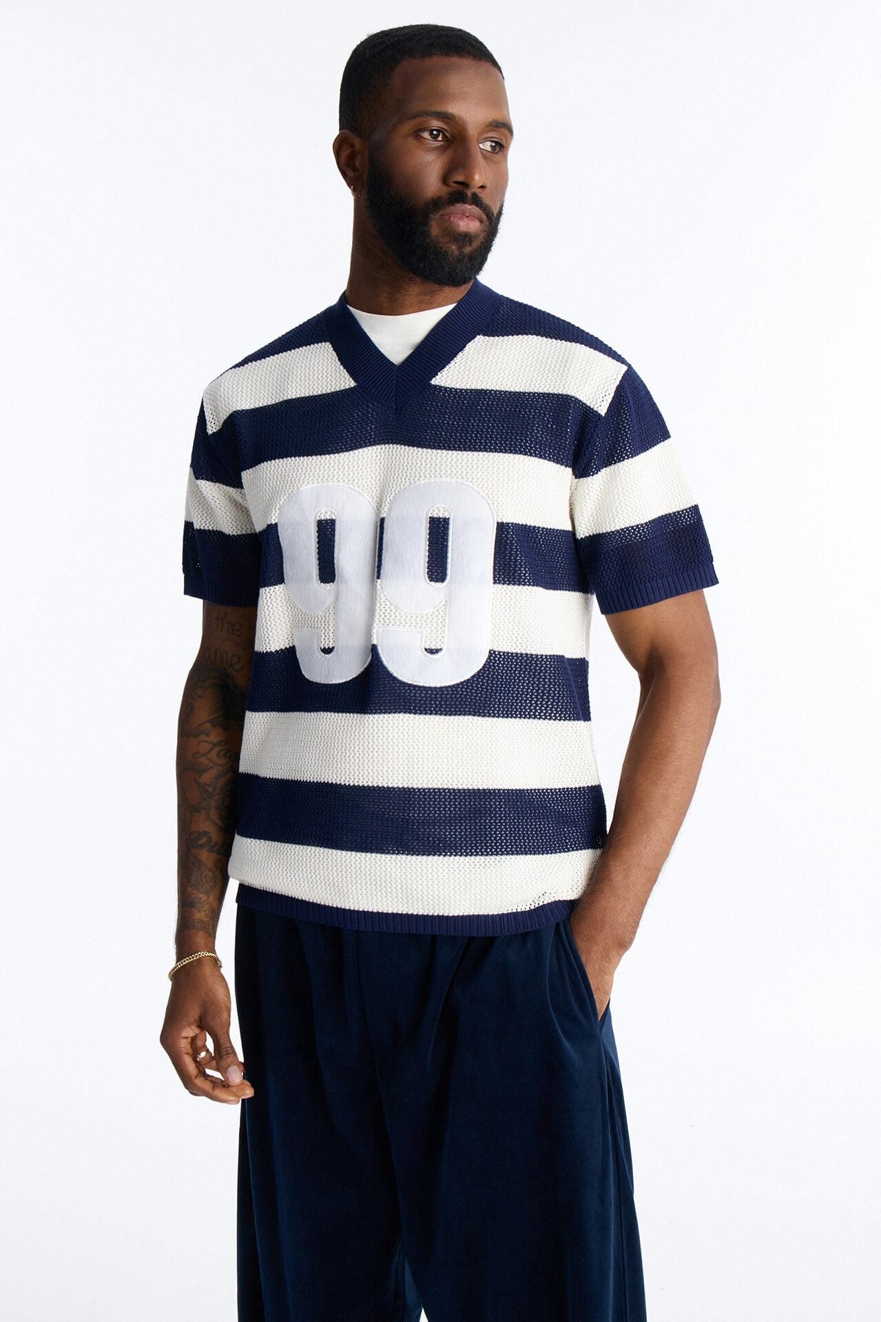 Short Sleeve Striped Crotchet Jersey - Navy image 1