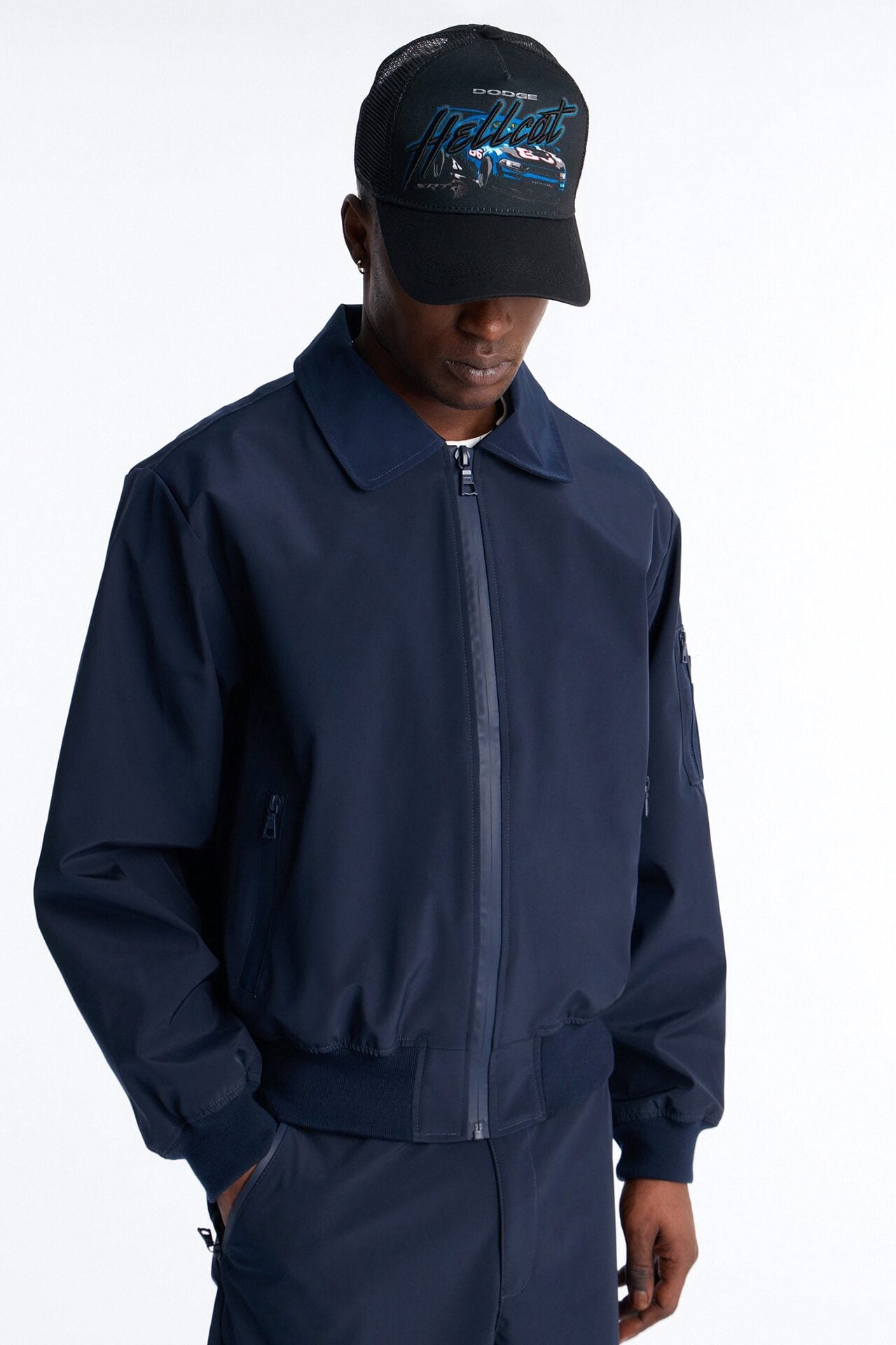 Cropped Relaxed Liberty Zip Bomber Jacket - Navy image 1