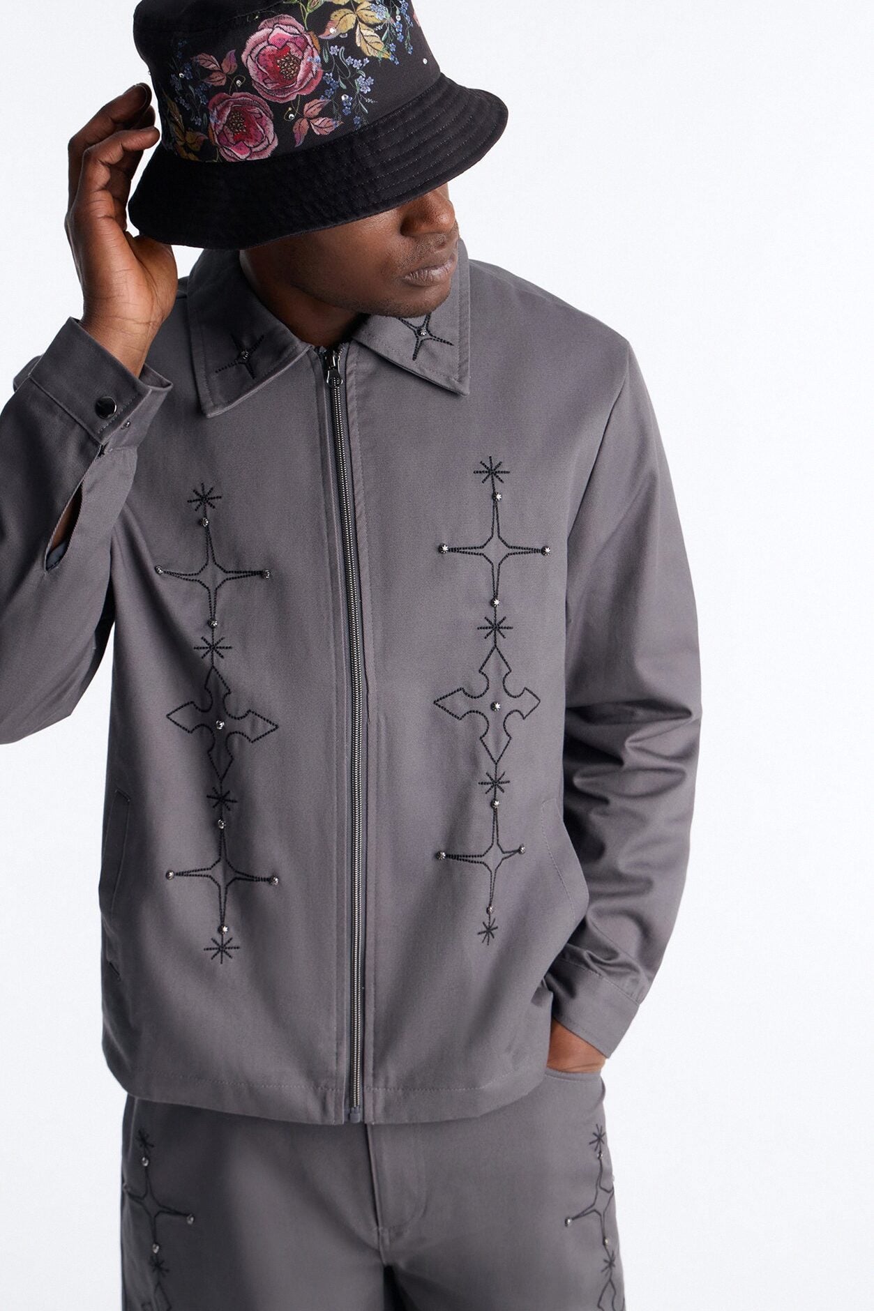 Vatican City Stitched Embellished Work Jacket - Grey image 1
