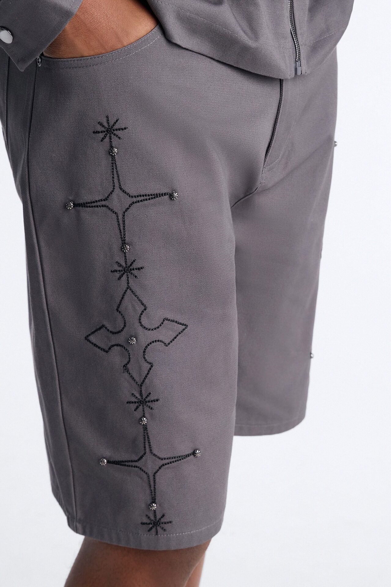 Relaxed Vatican City Stitched Embellished Short - Grey image 1