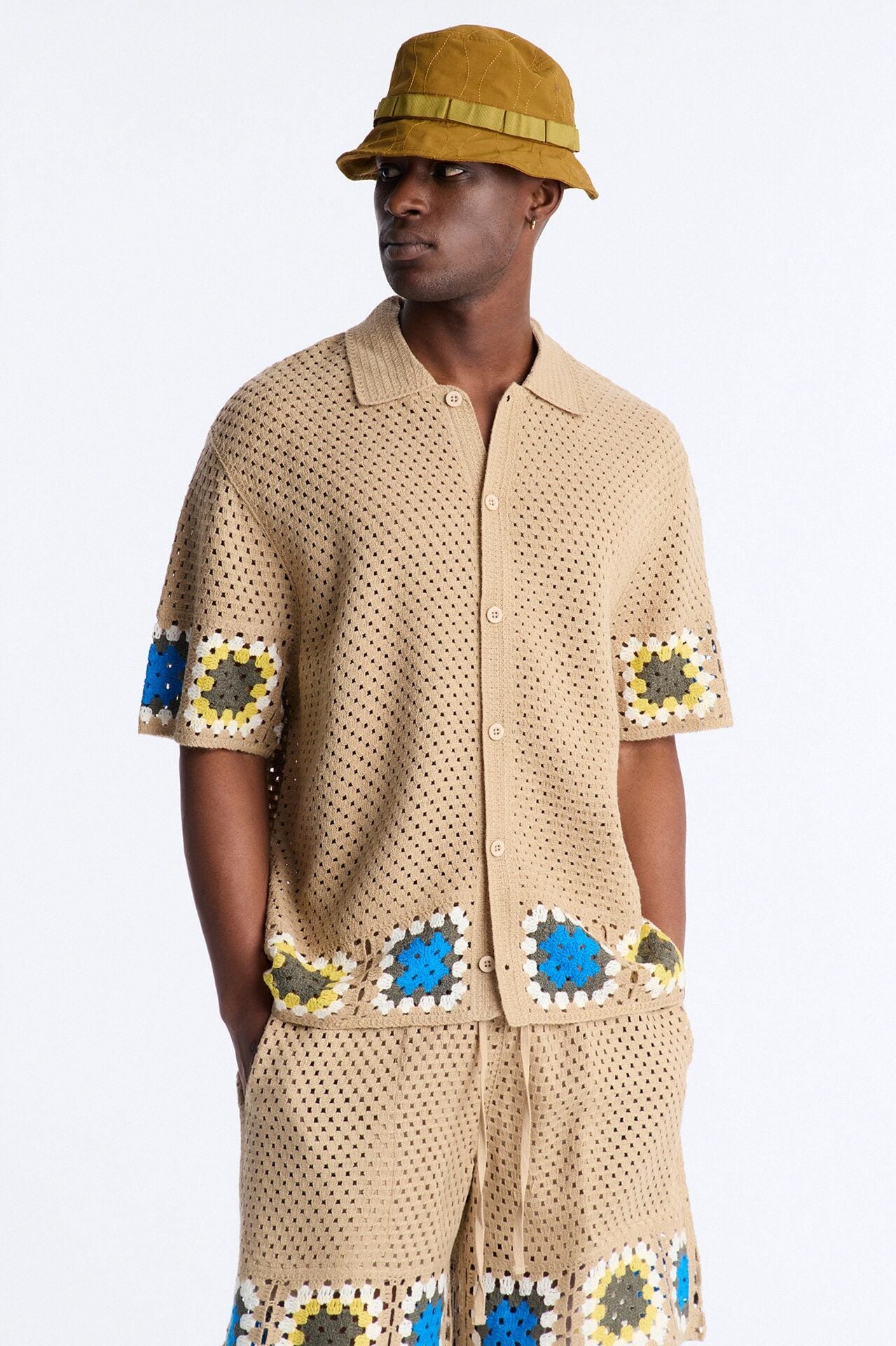 Relaxed Daisy Daze Crochet Button Up Shirt - Tan image 1