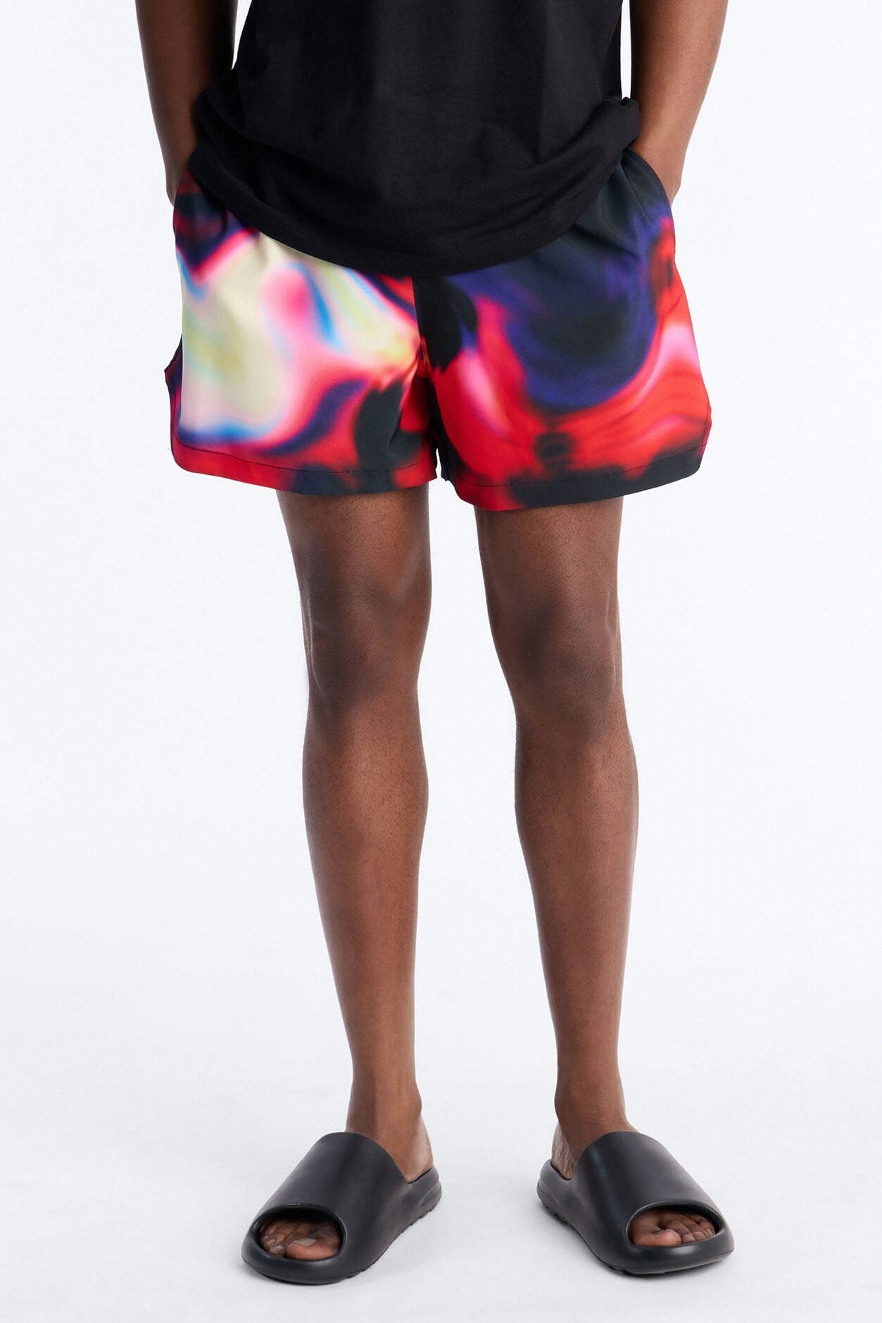 Relaxed Futuristic Abstract Acid Blur Swim Trunk 4″ - Black image 1