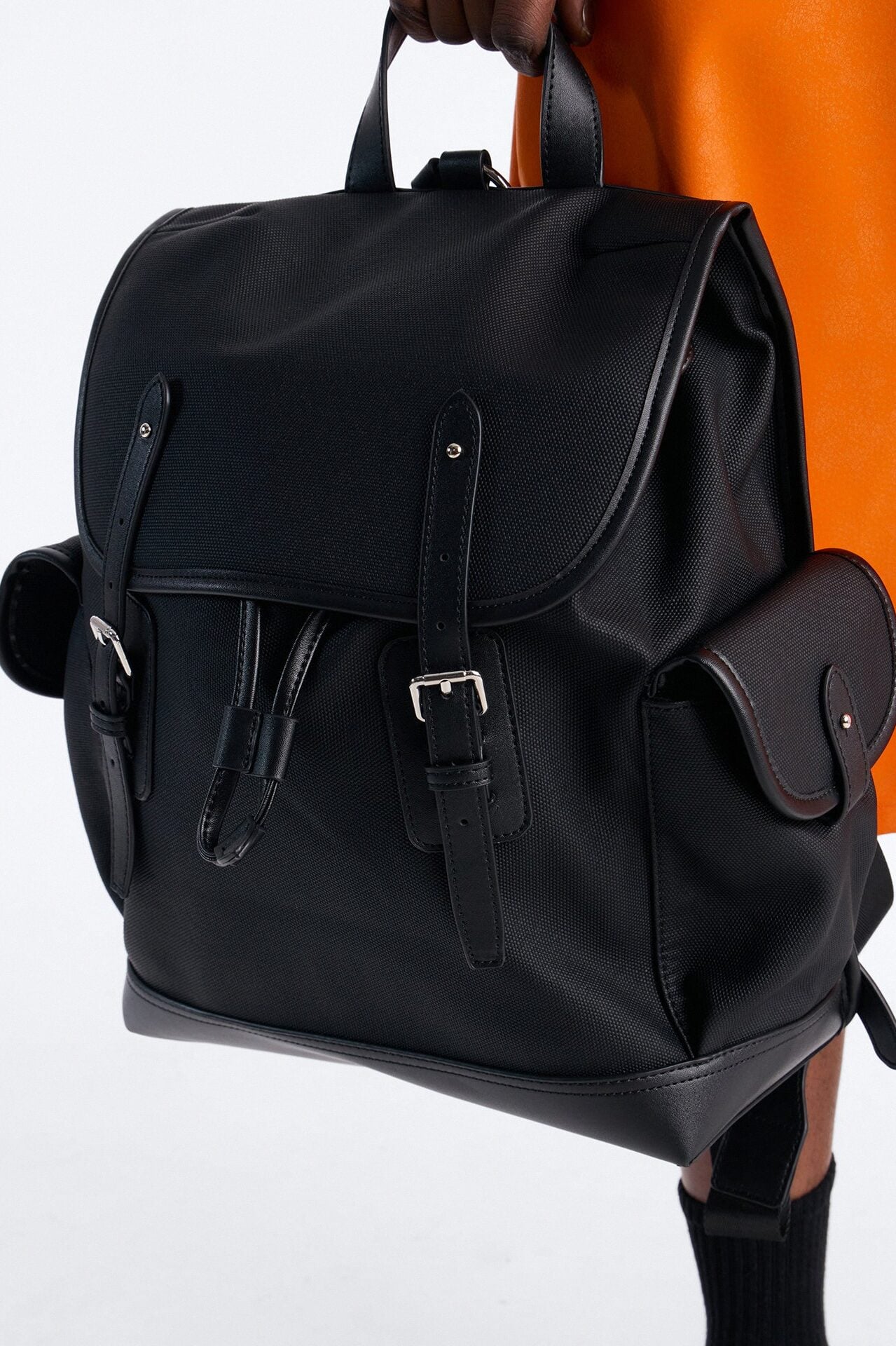 Canvas Dual Buckle Drawstring Backpack - Black image 1