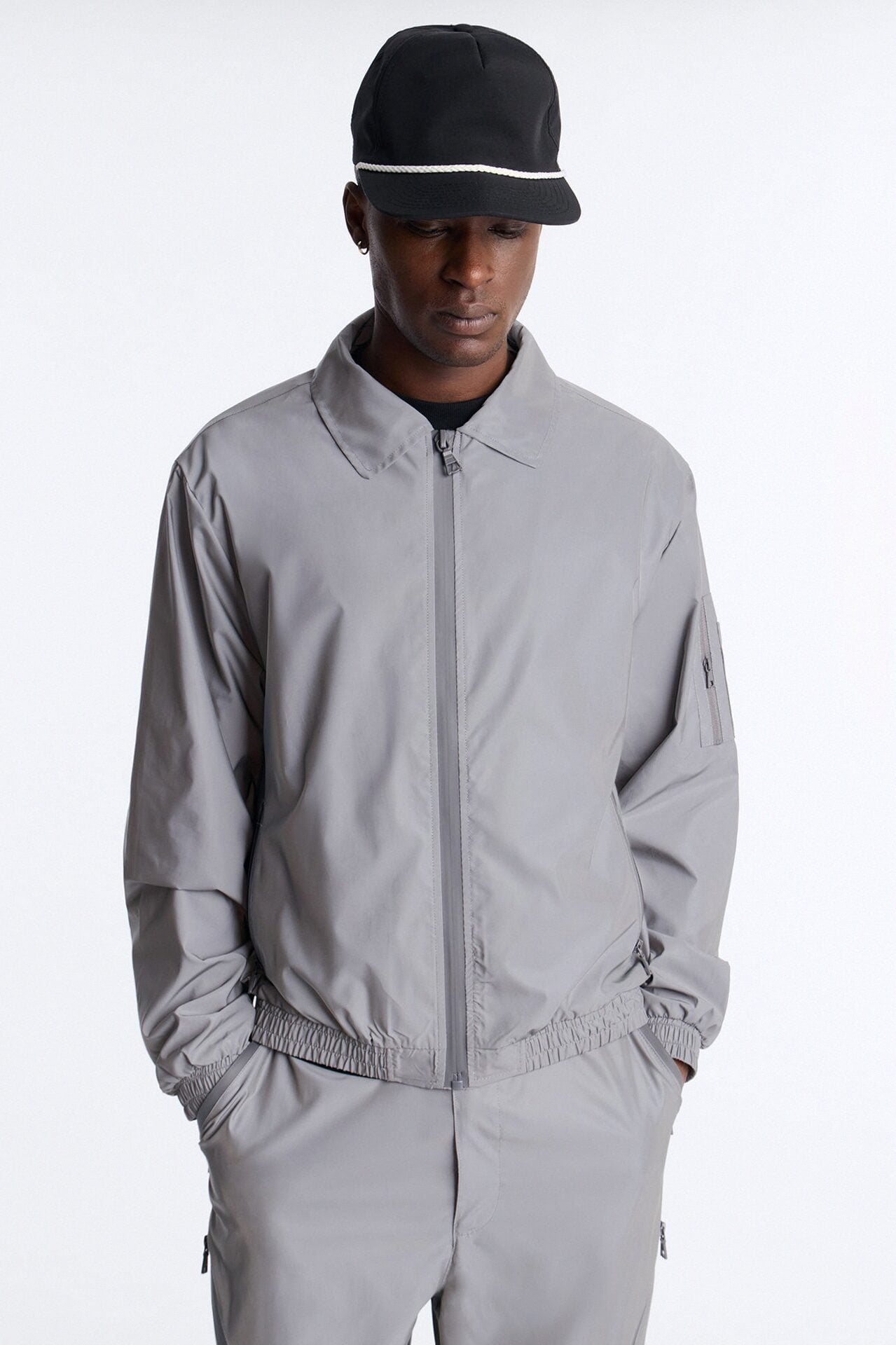Cropped Relaxed Reflective Zip Bomber Jacket - Silver image 1