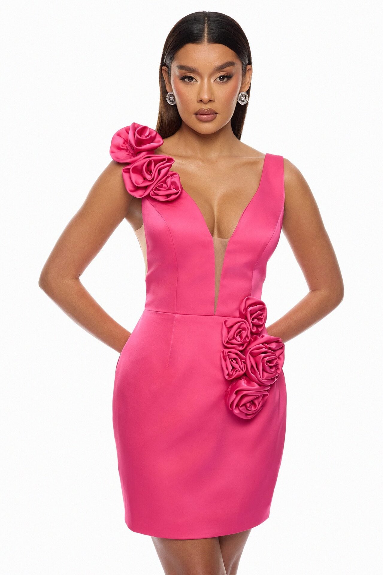 Bed Of Roses Floral Applique Satin Mini Dress - Hot Pink image 1