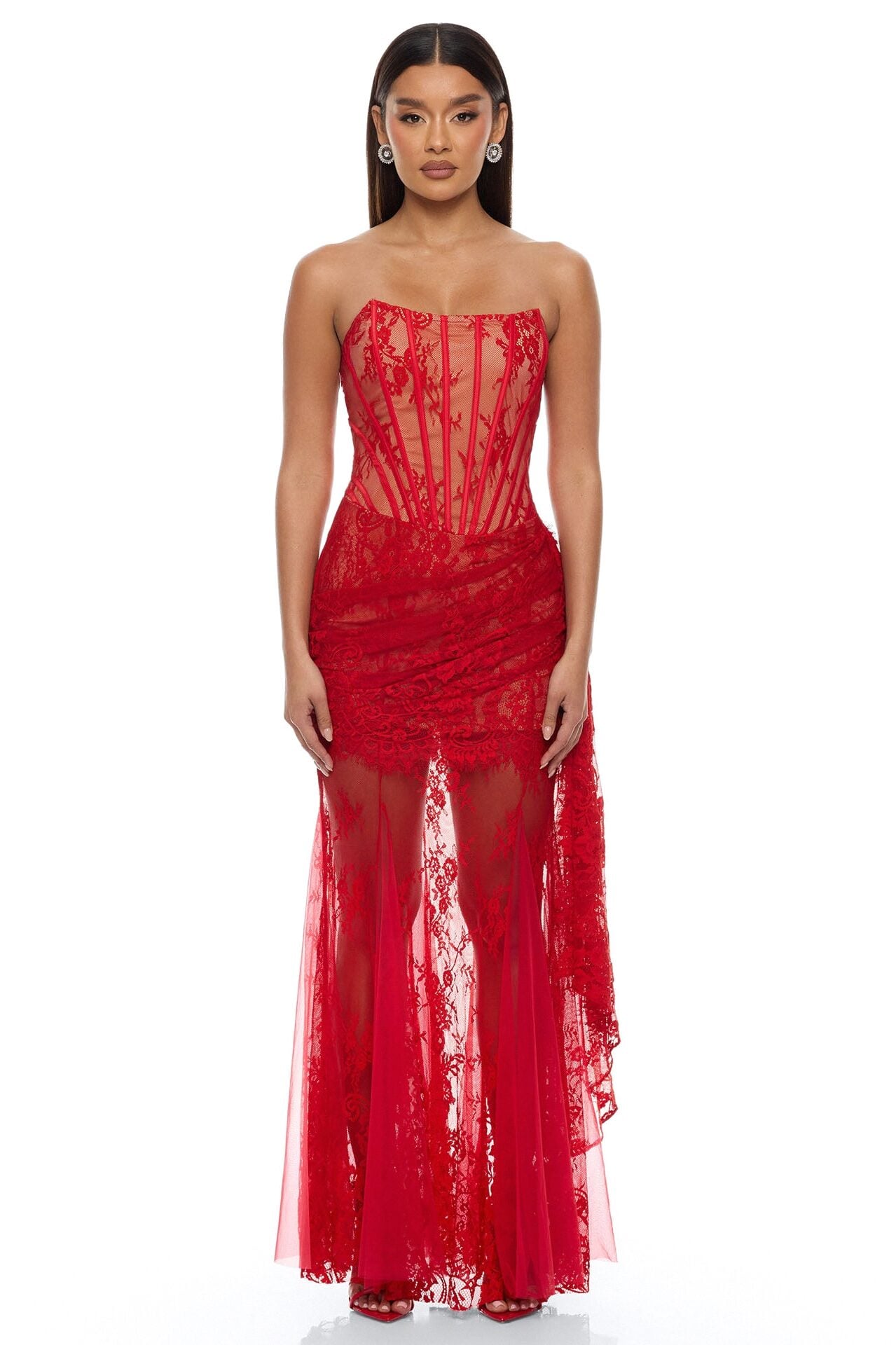 Be Mine Draped Lace Maxi Dress - Red image 1