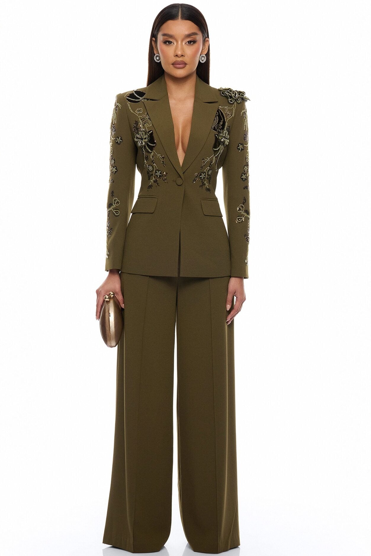 Indie Embellished Blazer Pant Set - Olive image 1
