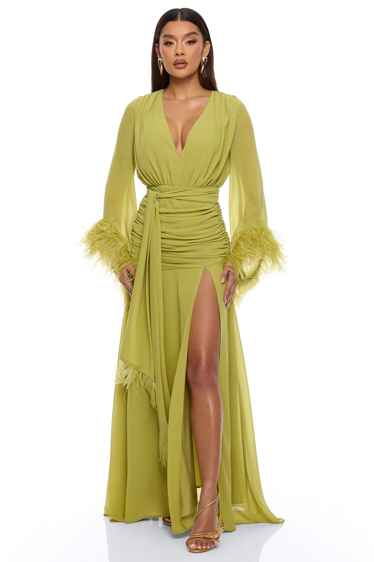 Daisey Feathered Chiffon Maxi Dress - Chartreuse image 1