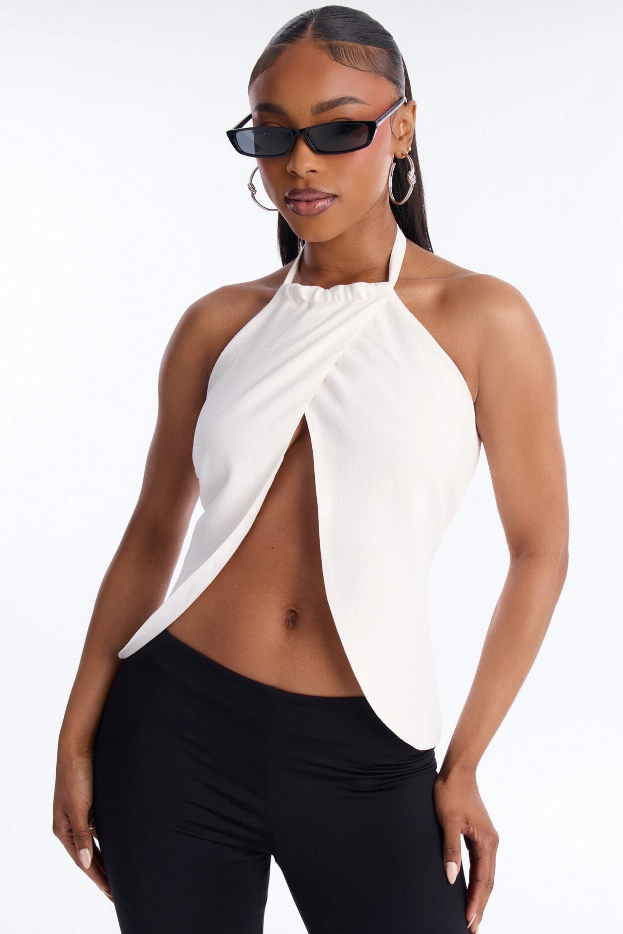 Snack First Wrap Over Linen Halter Top - White image 1