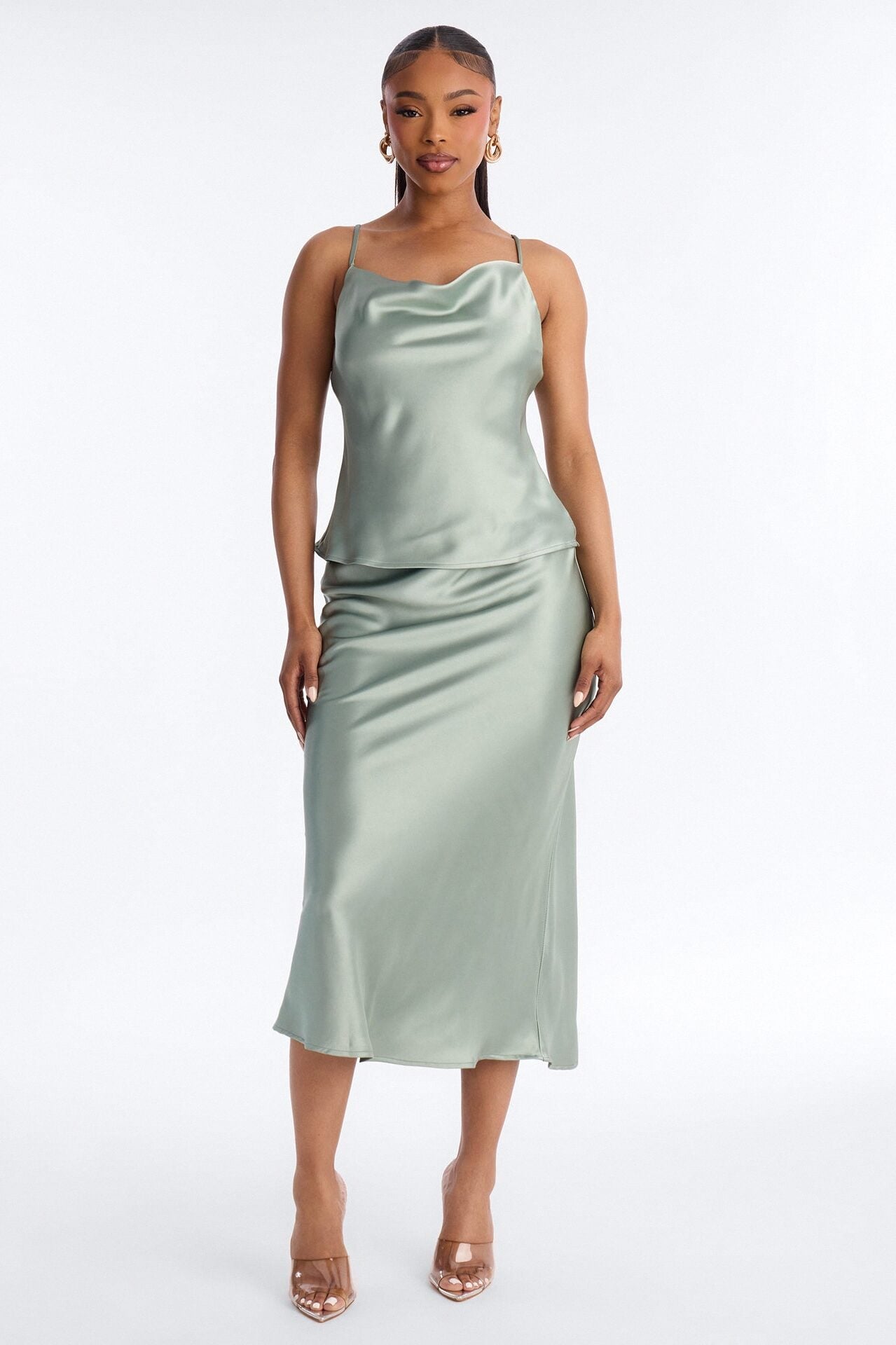 Madison Bias Cut Satin Midi Skirt Set - Sage image 1