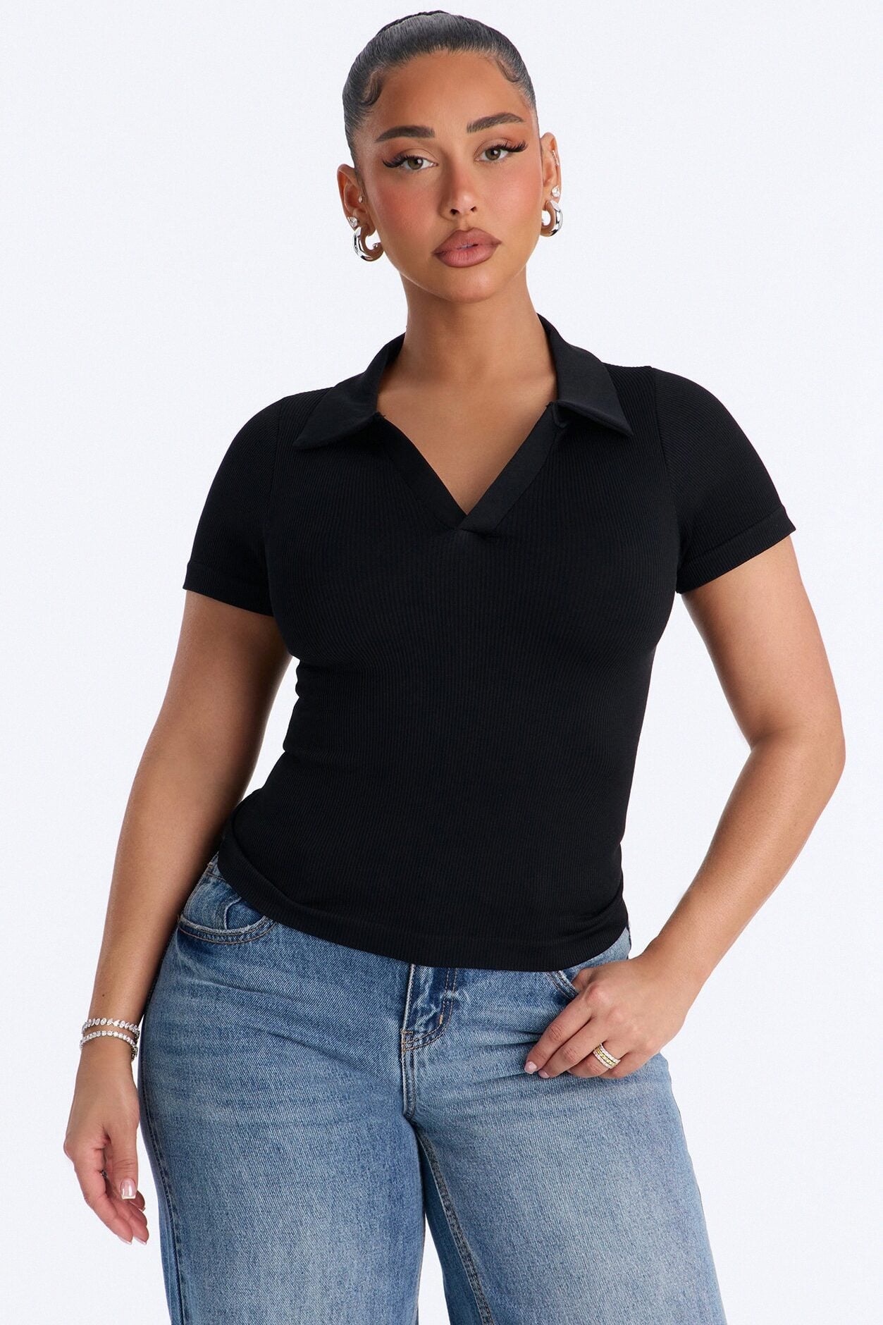 Evie Seamless Basic Polo Top - Black image 1