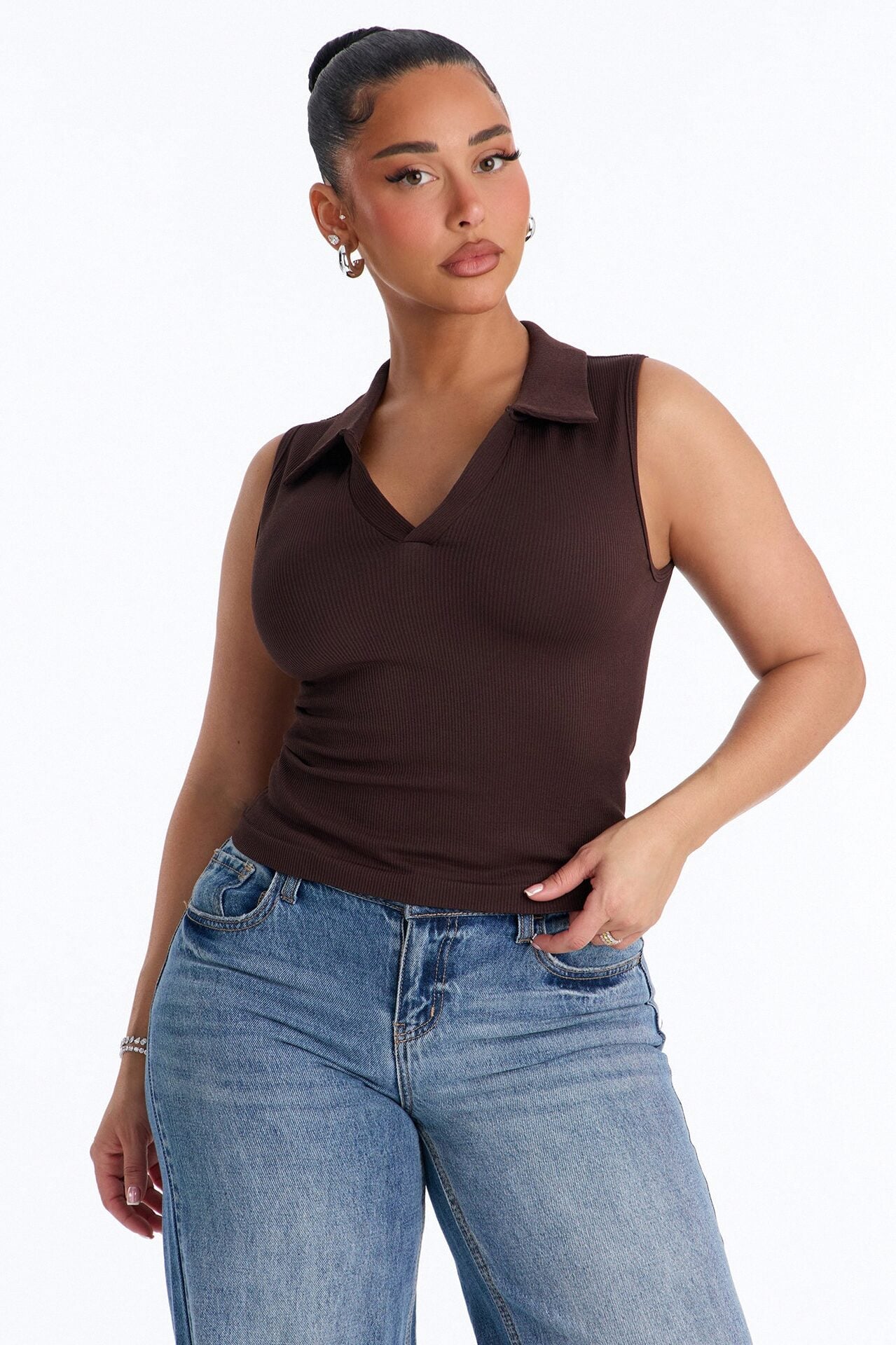 Lyra Seamless Rib Basic Sleeveless Collared Top - Brown image 1