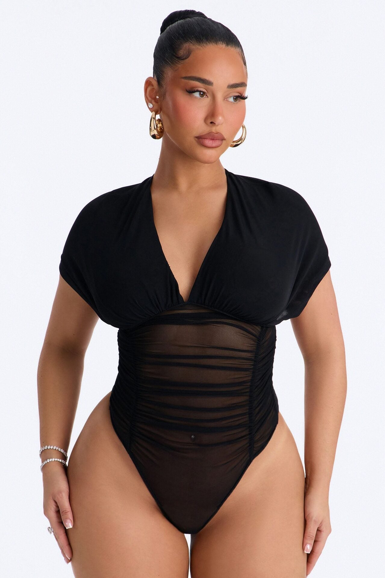 Leilani Sheer Mesh Ruched Short Sleeve Bodysuit - Black image 1