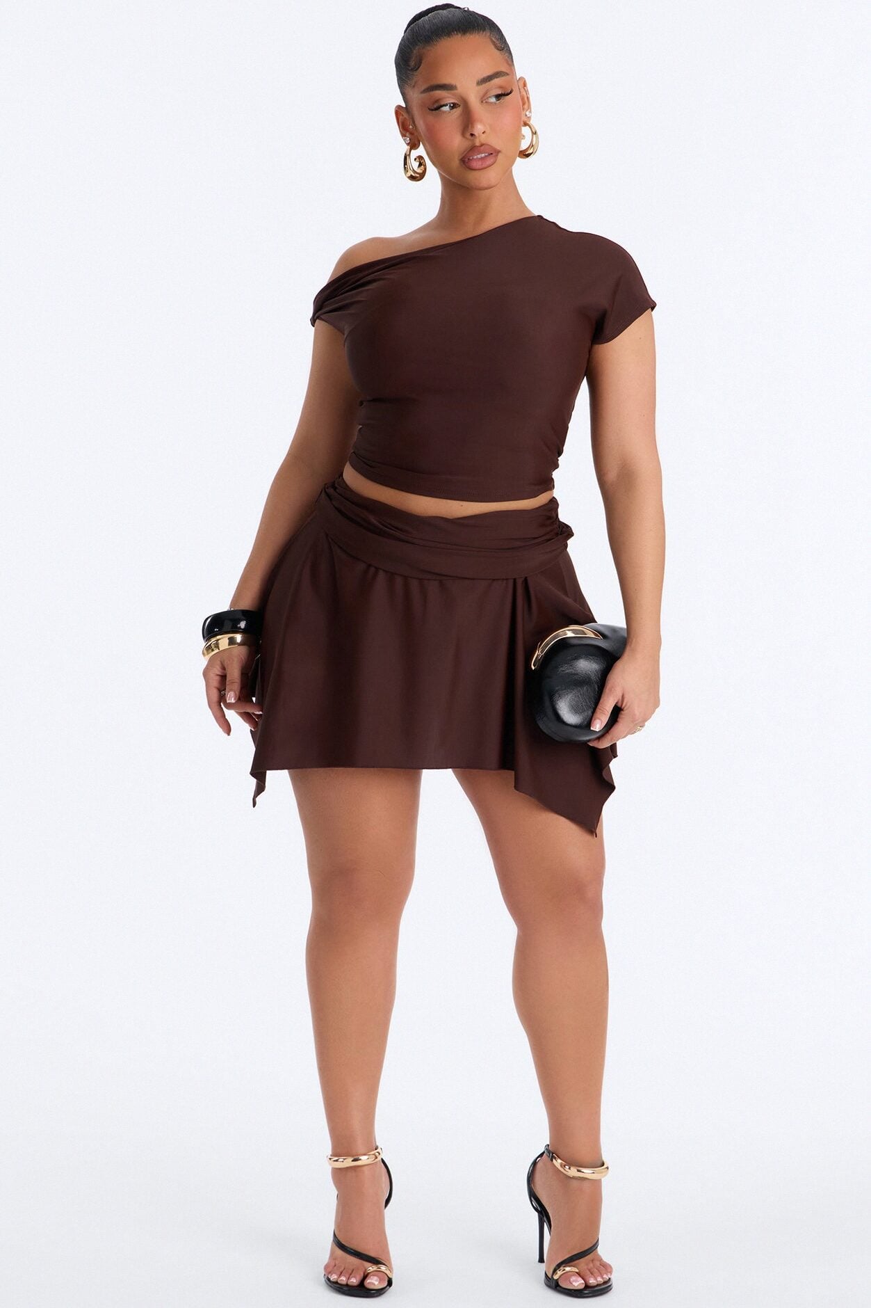 Gabriella Off Shoulder Asymmetrical Skirt Set - Brown image 1