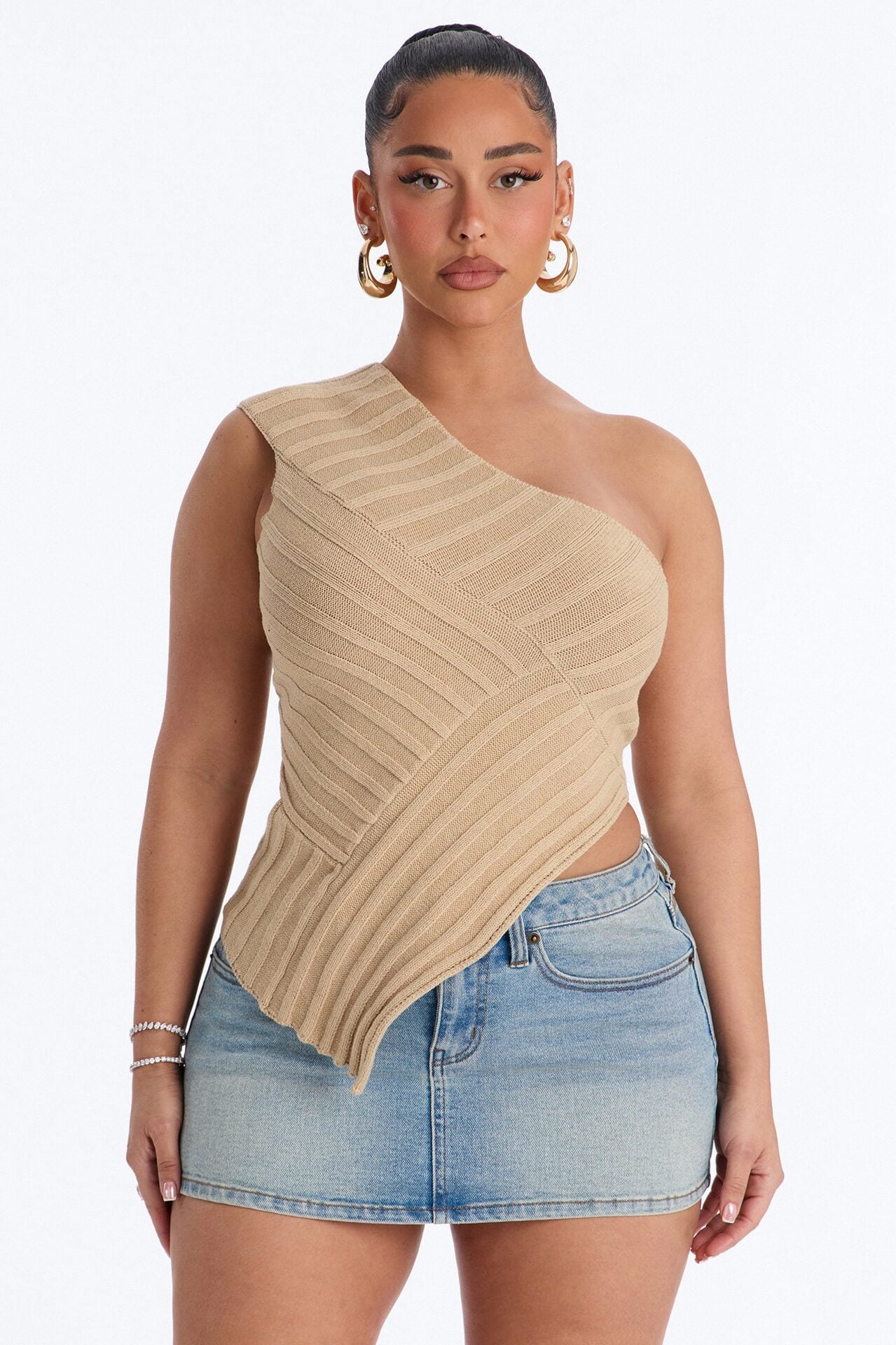 Amaya One Shoulder Sweater Top - Stone image 1