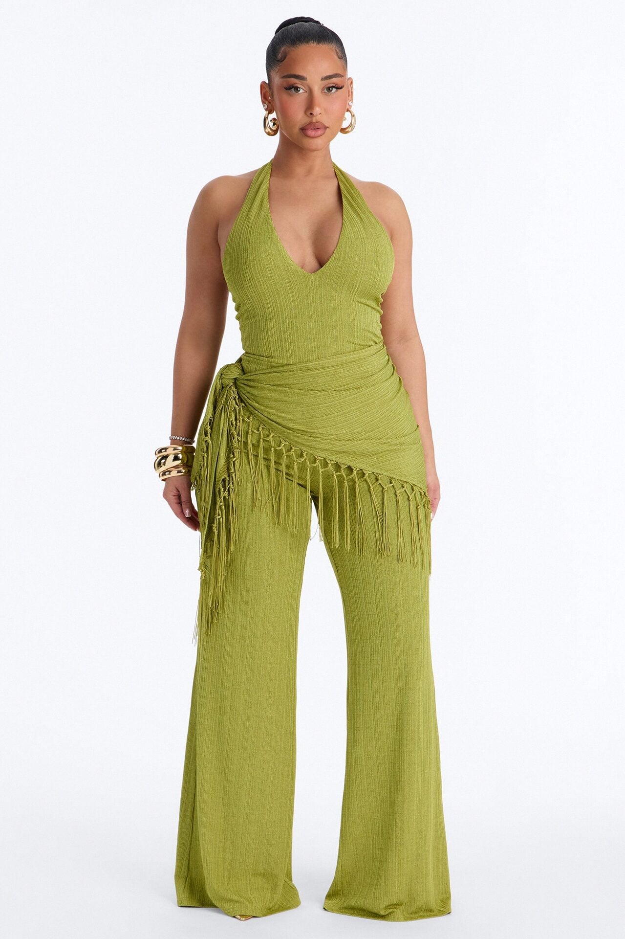 Too Chic Jumpsuit And Waist Scarf Set - Chartreuse image 1