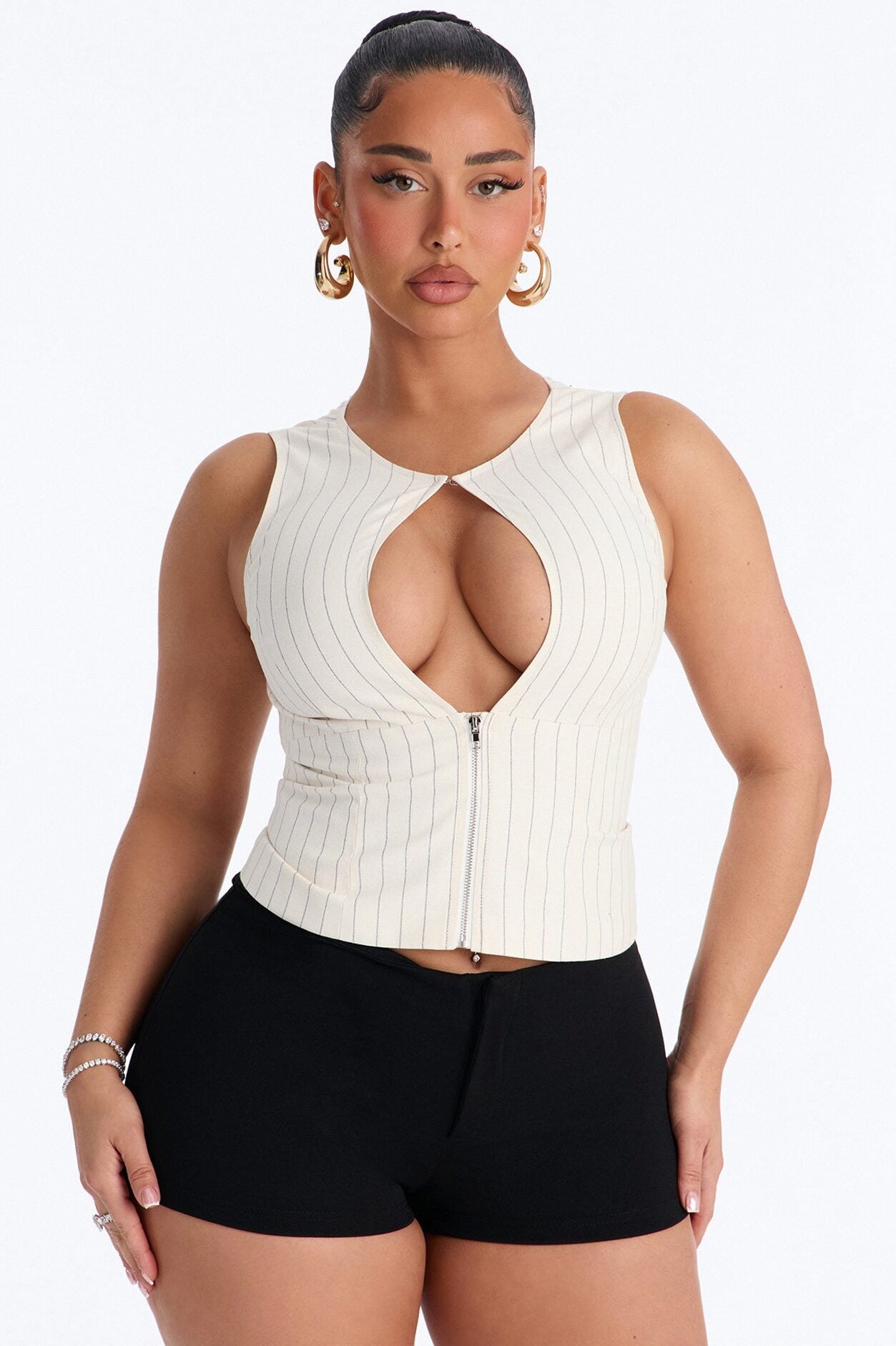 City Heart Front Zip Pinstripe Linen Top - Cream/combo image 1