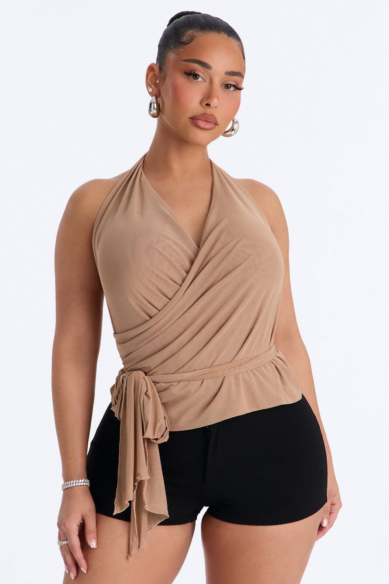 On Your Mind Mesh Draped Backless Halter Top - Taupe image 1