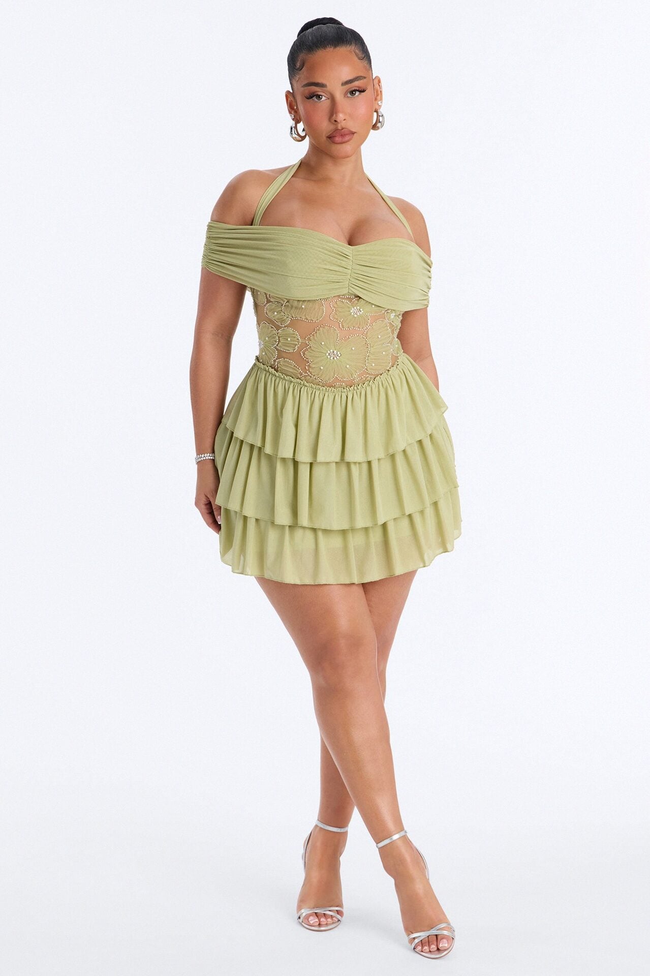 Remi Ruffle Beaded Mesh Mini Dress - Sage image 1