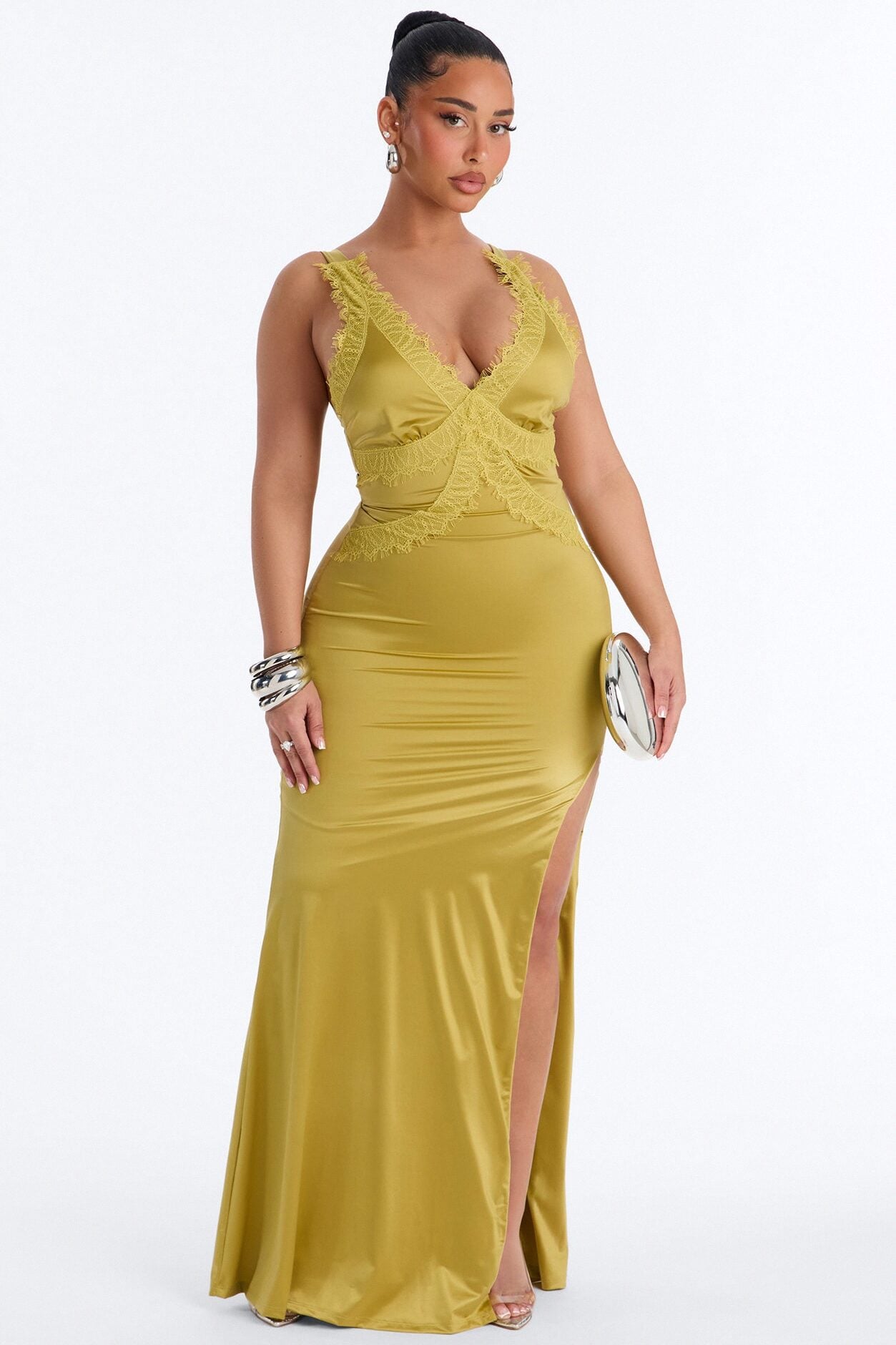 Thea Lace Satin Maxi Dress - Olive image 1