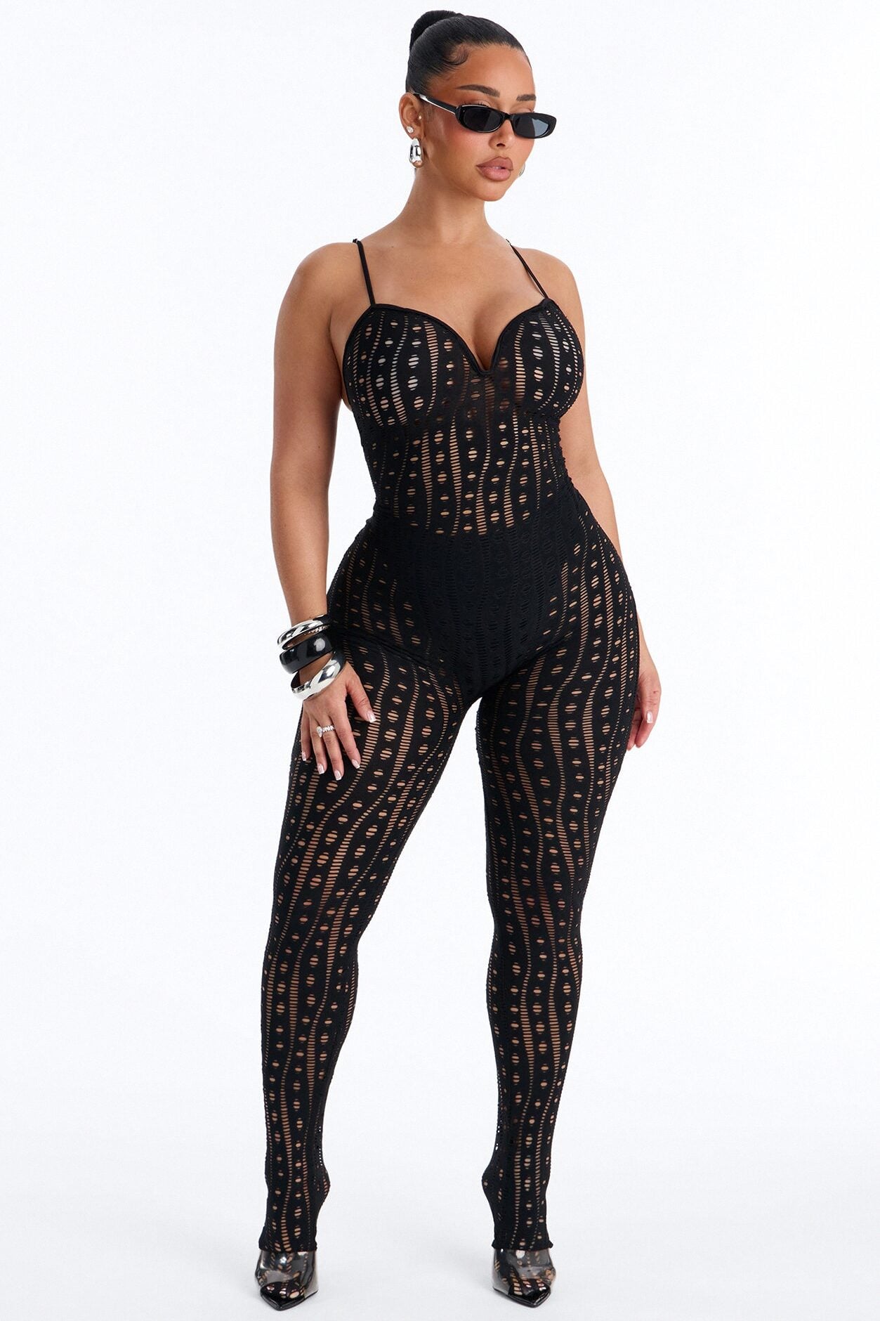 Mariyana Fishnet Skinny Leg Jumpsuit - Black image 1