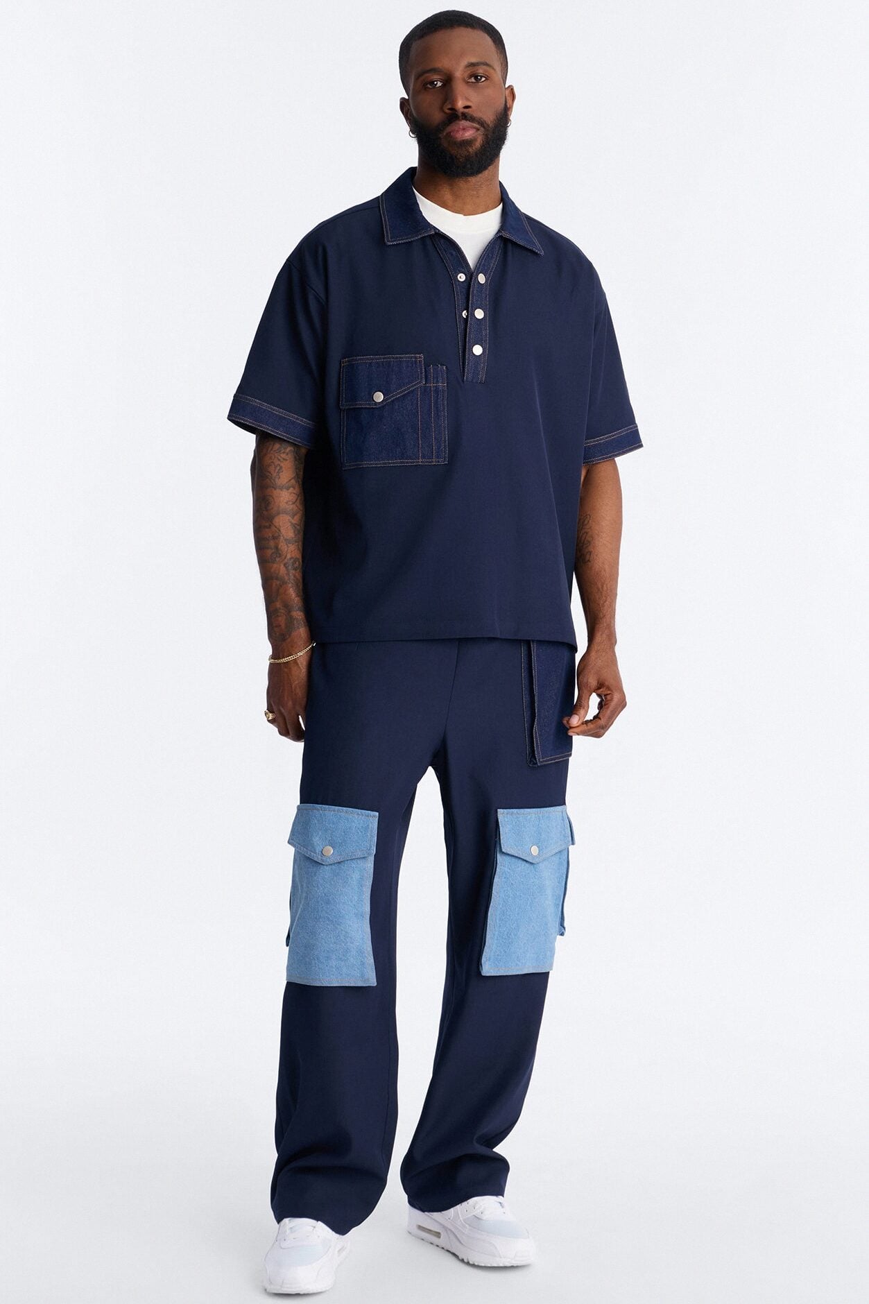 Baggy Blueprint Contrast Cargo Pant - Indigo image 1