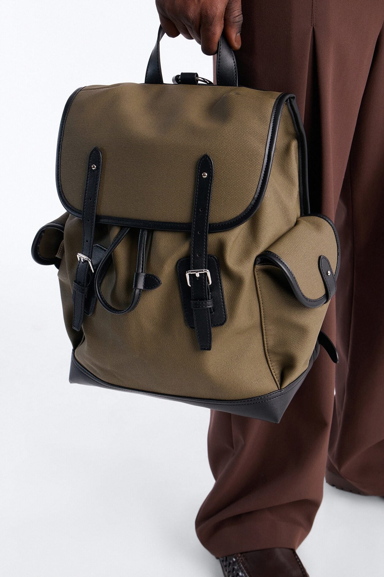 Canvas Dual Buckle Drawstring Backpack - Olive image 1