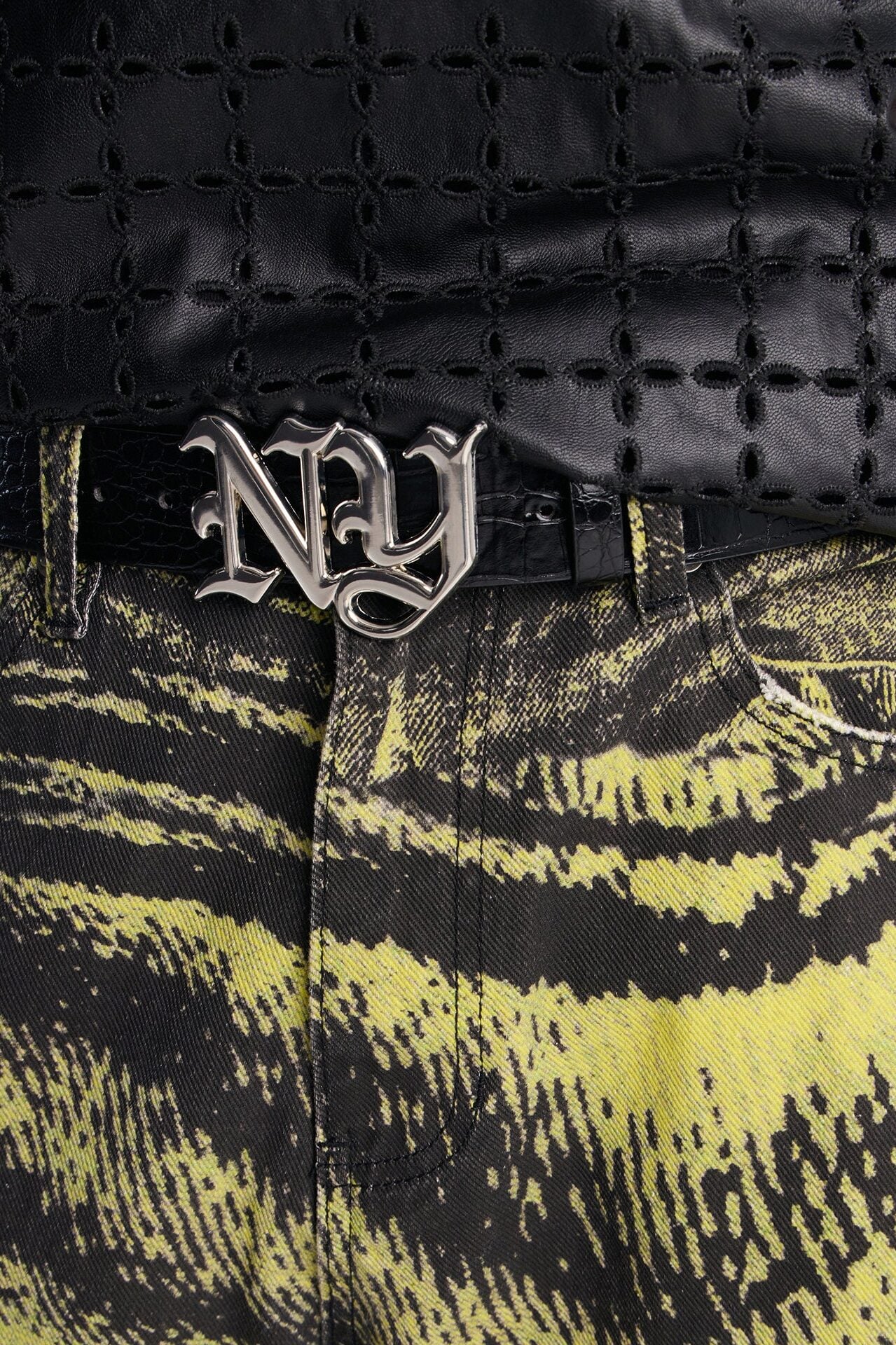 NY Initial Buckle Crocodile Embossed Faux Leather Belt - Black/combo image 1