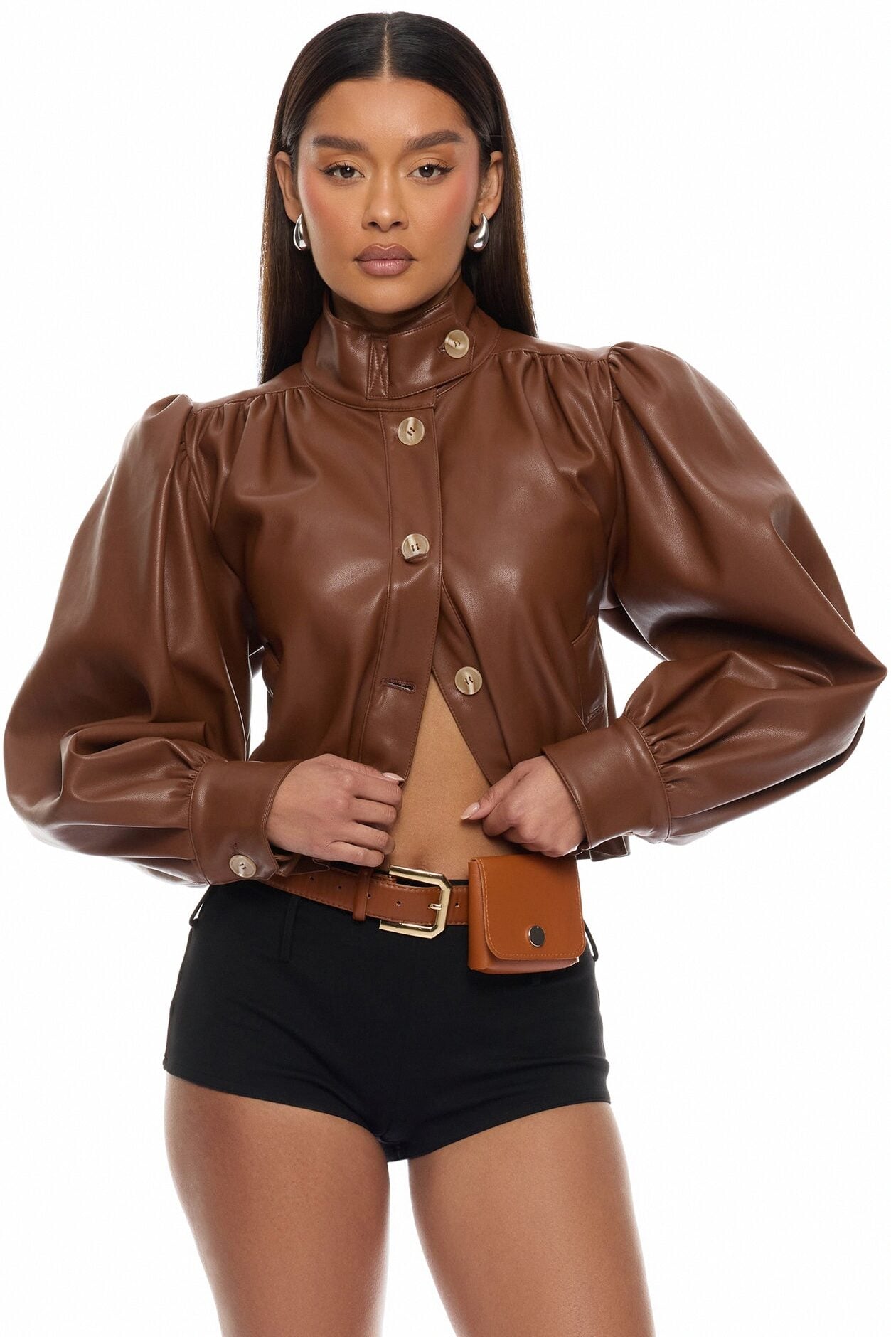 Marnie Balloon Sleeve Faux Leather Jacket - Brown image 1