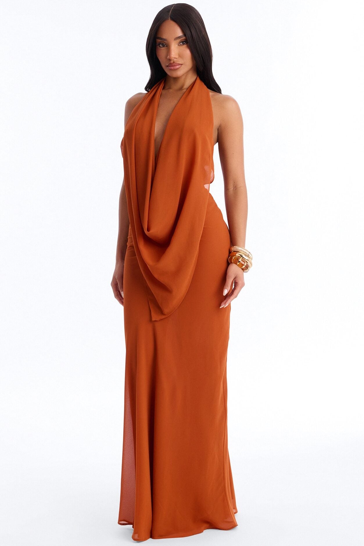 Indyah Draped Chiffon Maxi Dress - Cognac image 1