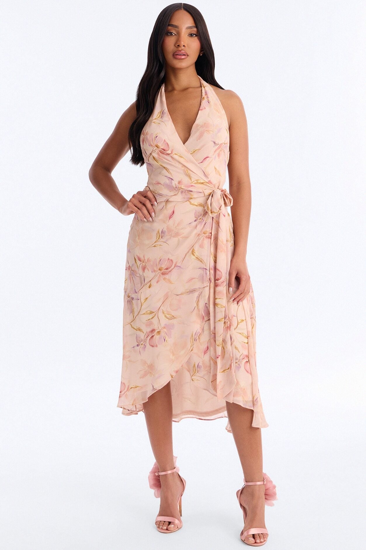 Zoey Floral Chiffon Wrap Midi Dress - Blush image 1