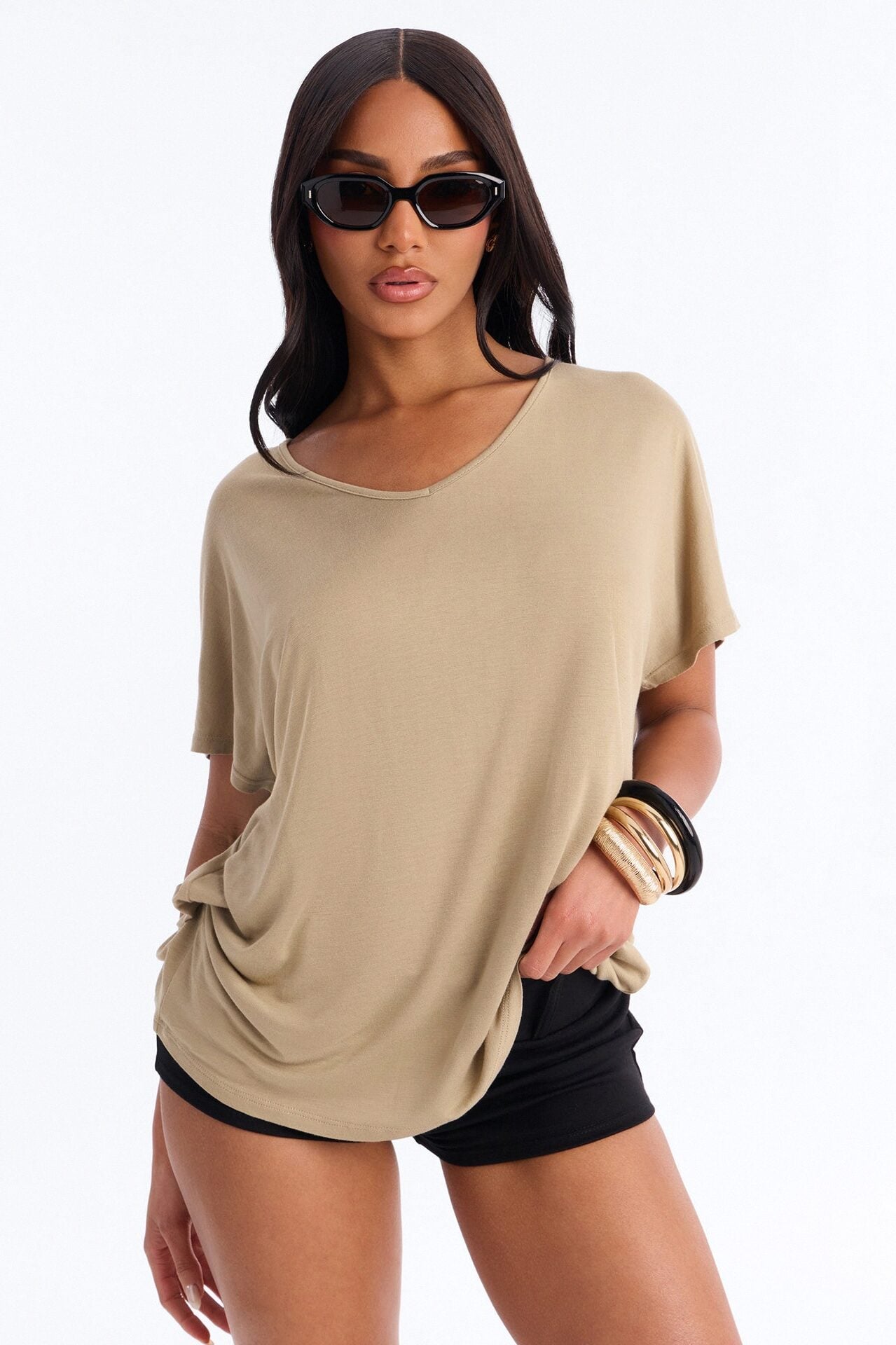 Tasmin Oversized V Neck Tee - Olive image 1
