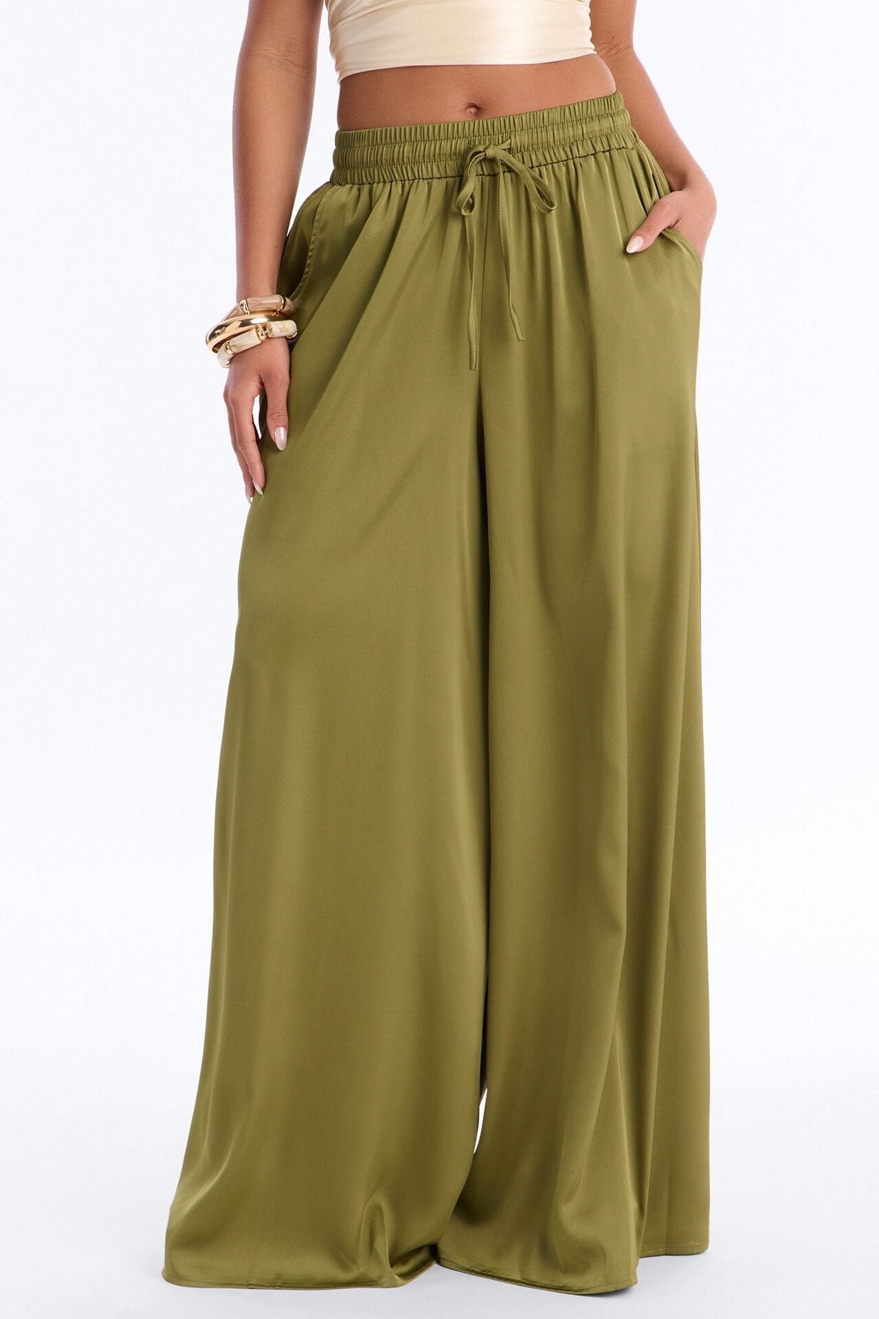 Slay All Night Wide Leg Satin Pant 33″ - Olive image 1