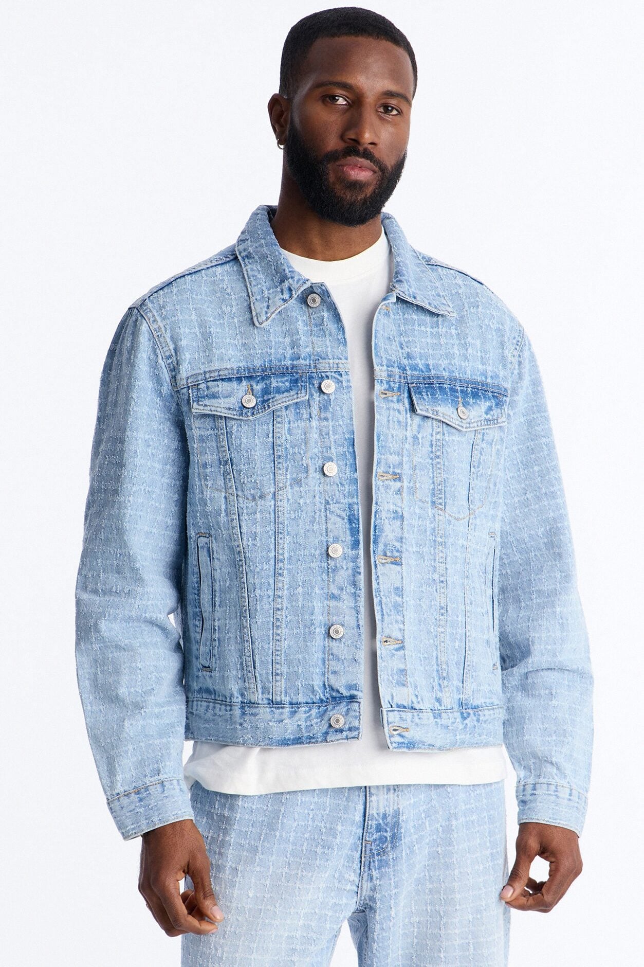 Cropped Windowpane Denim Trucker Jacket - Light Wash image 1