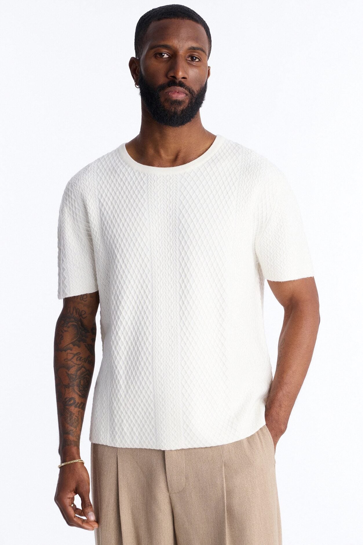 Relaxed Knitted Crewneck Tee - Cream image 1