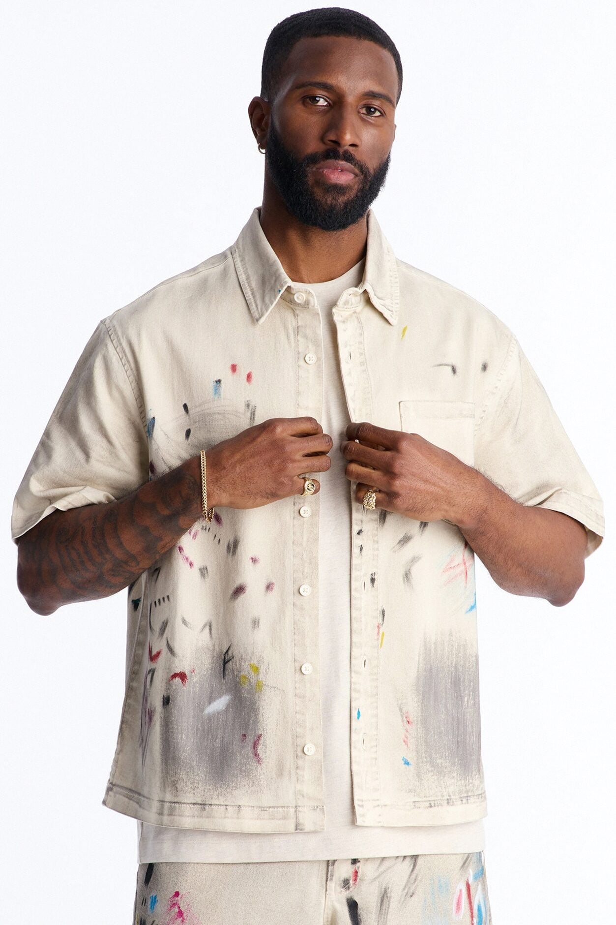 Cropped Hope Street Splatter Denim Button Up Shirt - Cream image 1