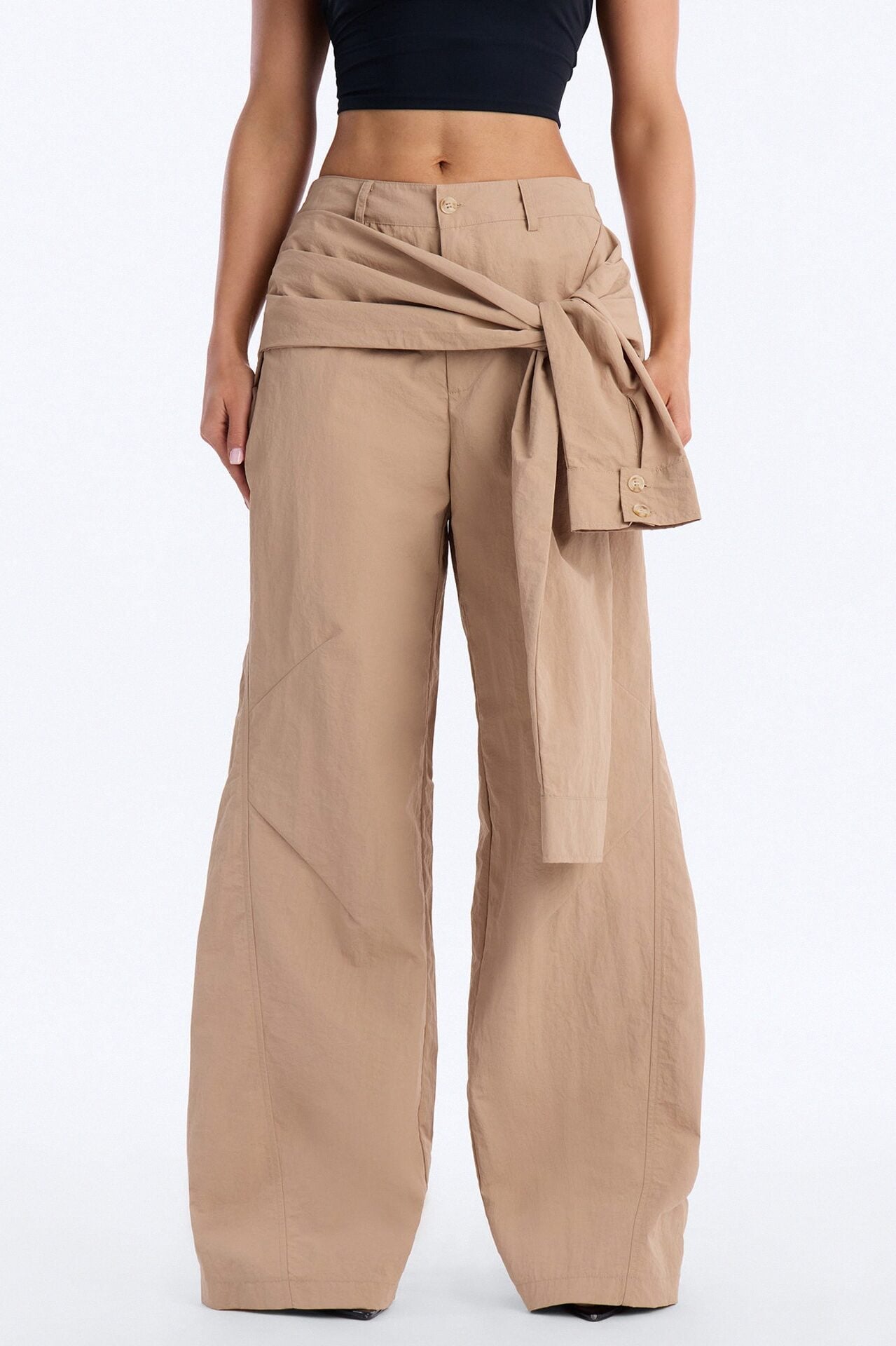 Not Your Man's Button Up Wrap Waist Wide Leg Trouser - Khaki image 1