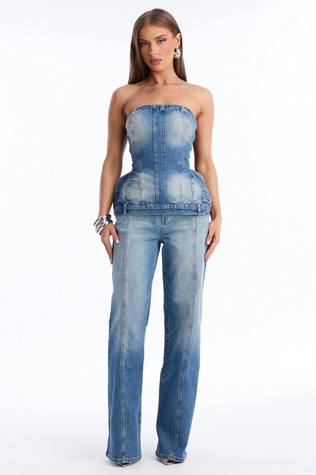 Natalee Denim Peplum Pant Set - Medium Wash image 1