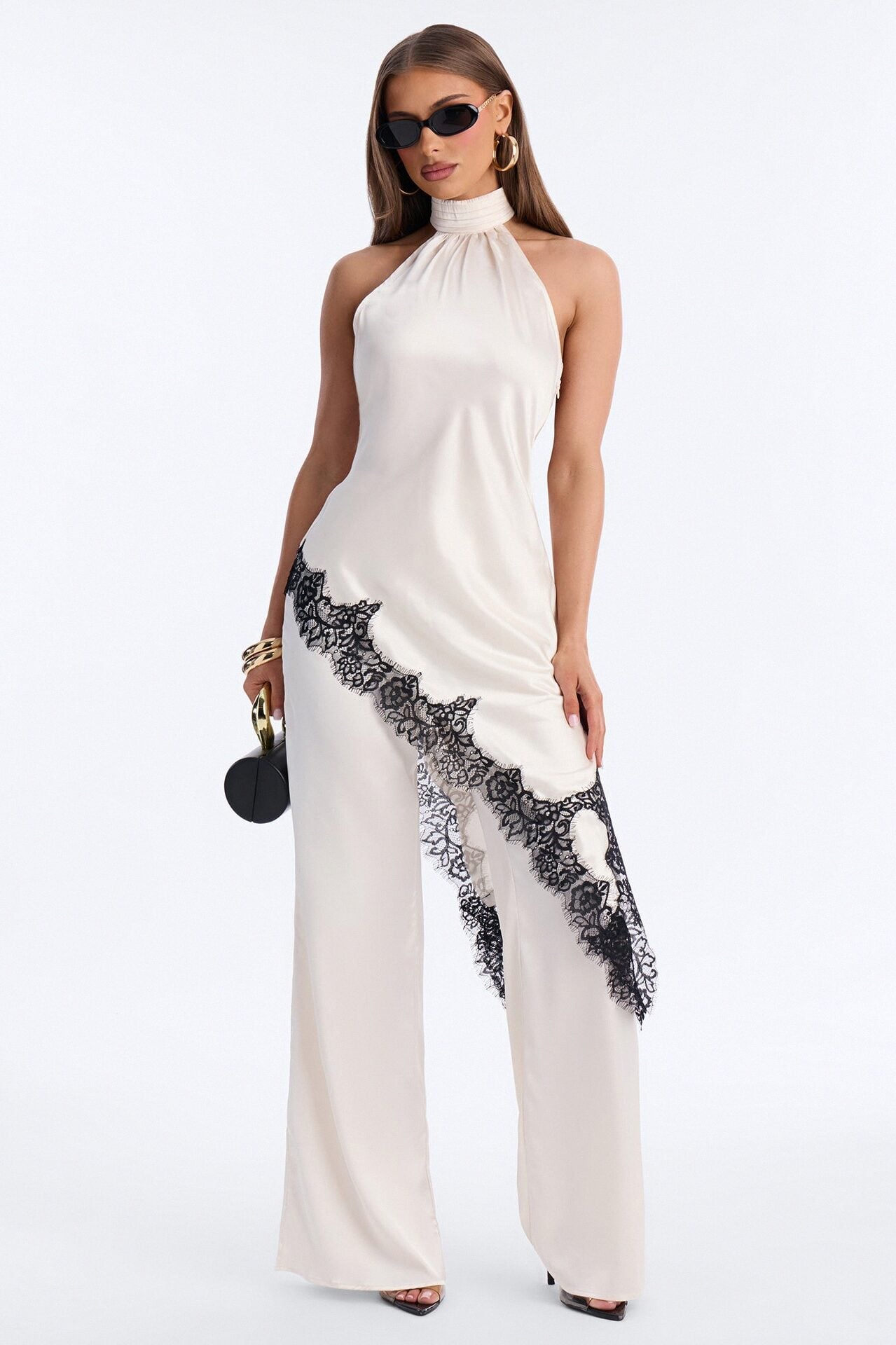 Angela Satin Lace Trim Pant Set - Cream image 1